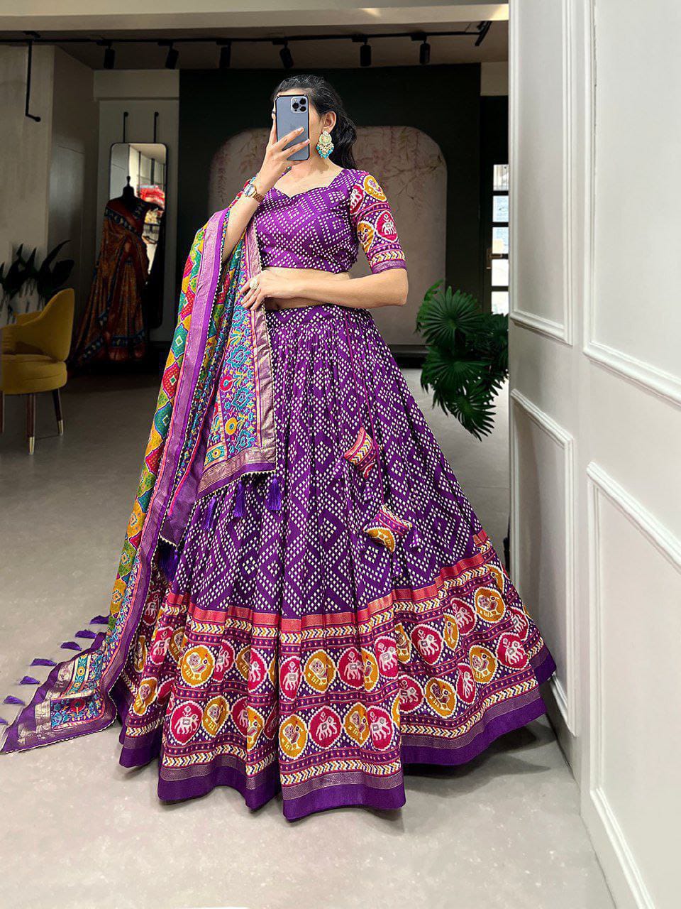 Patola Printed with Foil Work Tussar silk Lehenga With Unstitched Blouse