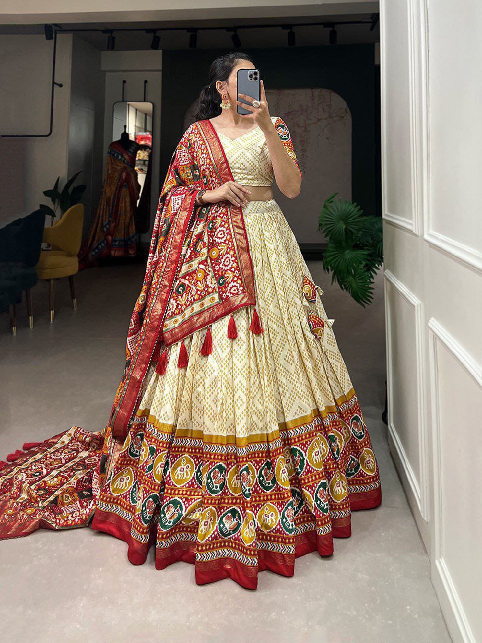 Patola Printed with Foil Work Tussar silk Lehenga With Unstitched Blouse