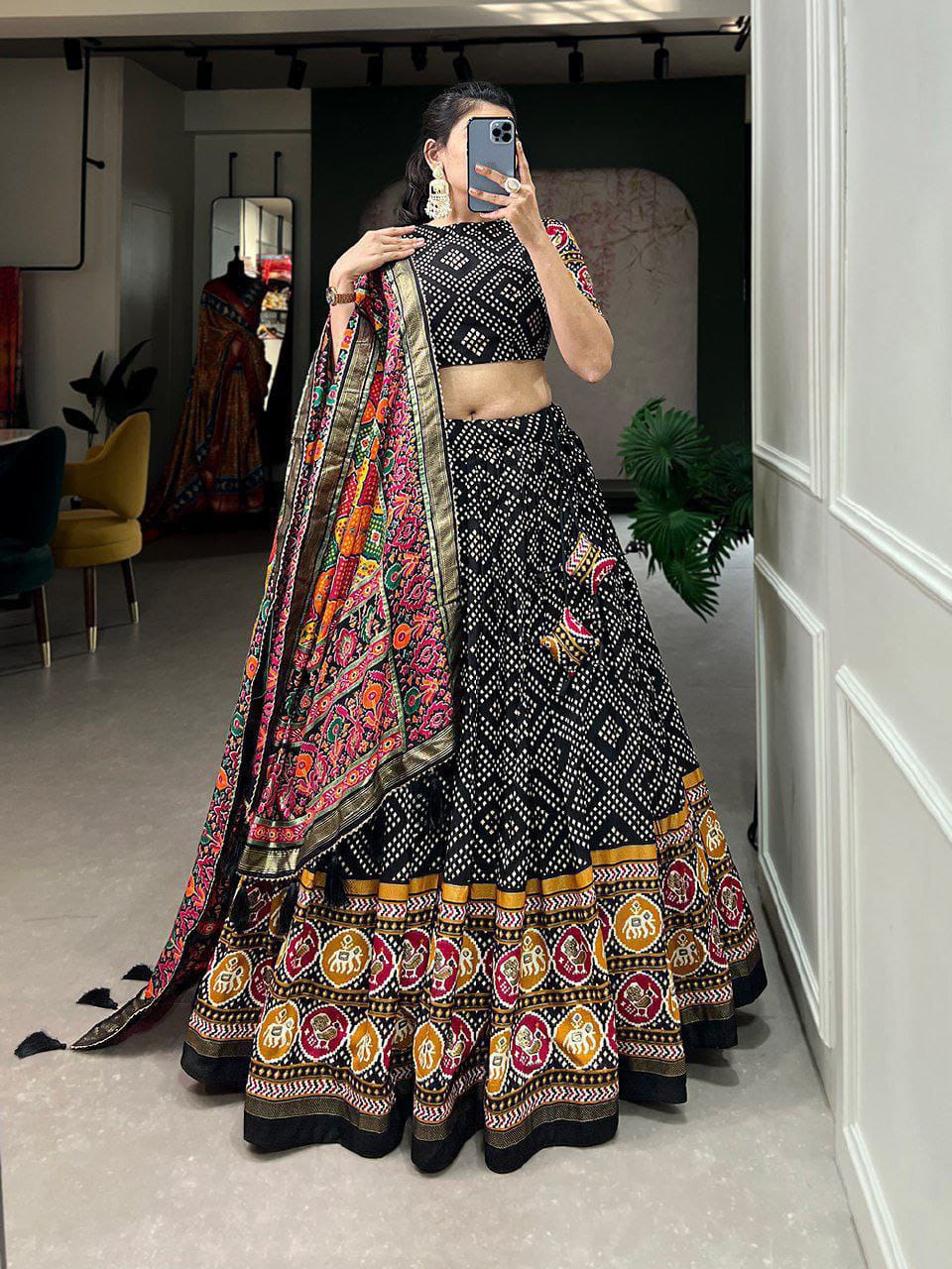 Patola Printed with Foil Work Tussar silk Lehenga With Unstitched Blouse