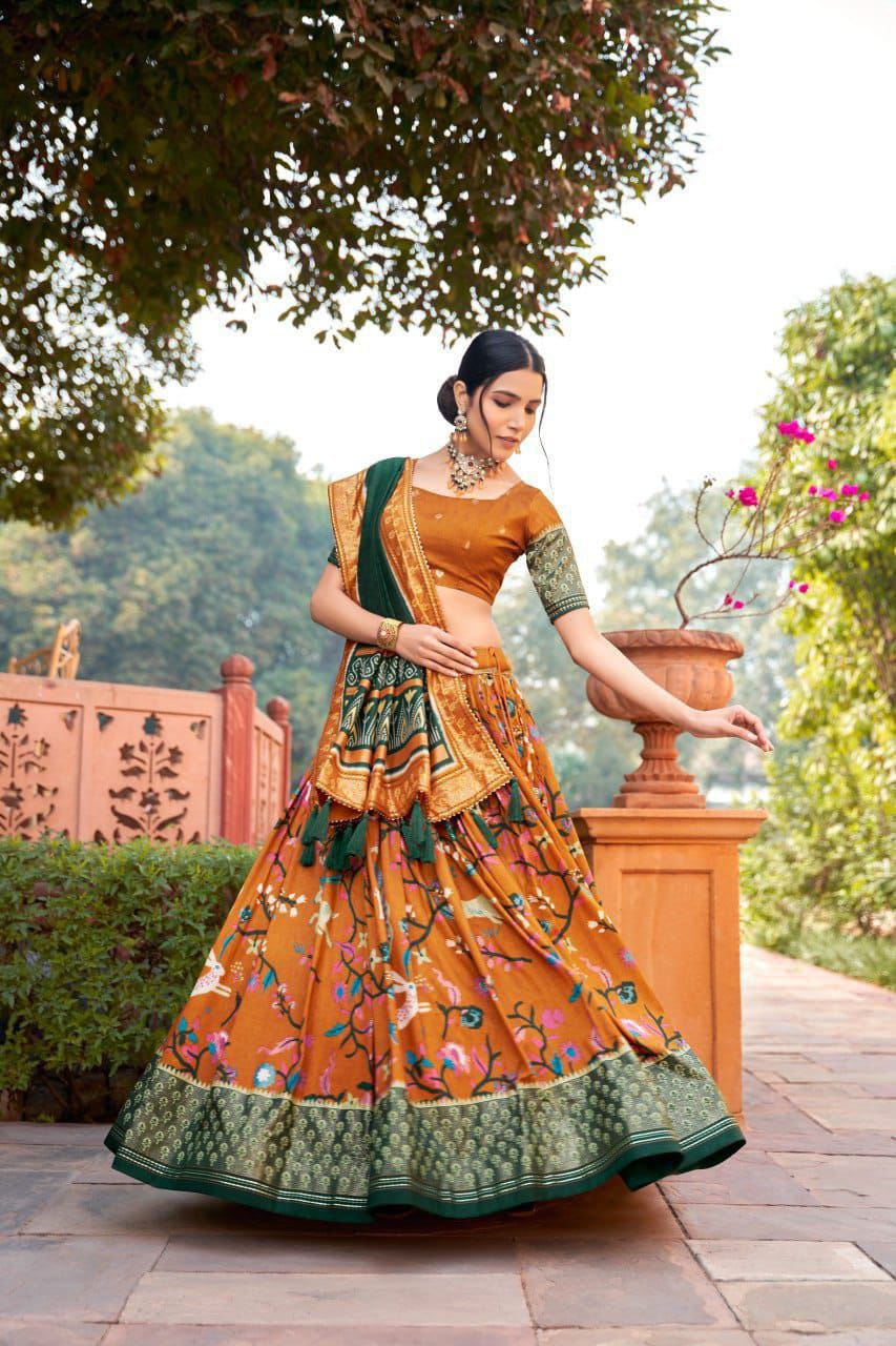 Meenakari with Foil Print work Dola silk Lehenga with Unstitched Blouse