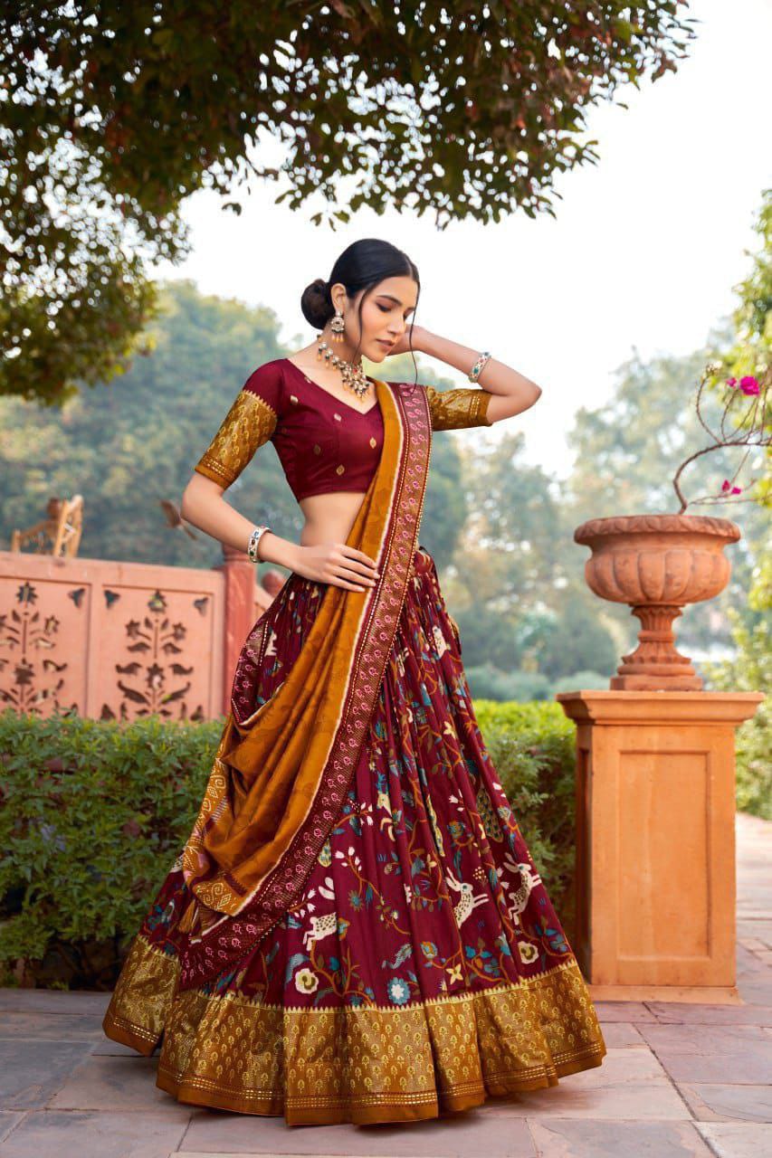 Meenakari with Foil Print work Dola silk Lehenga with Unstitched Blouse