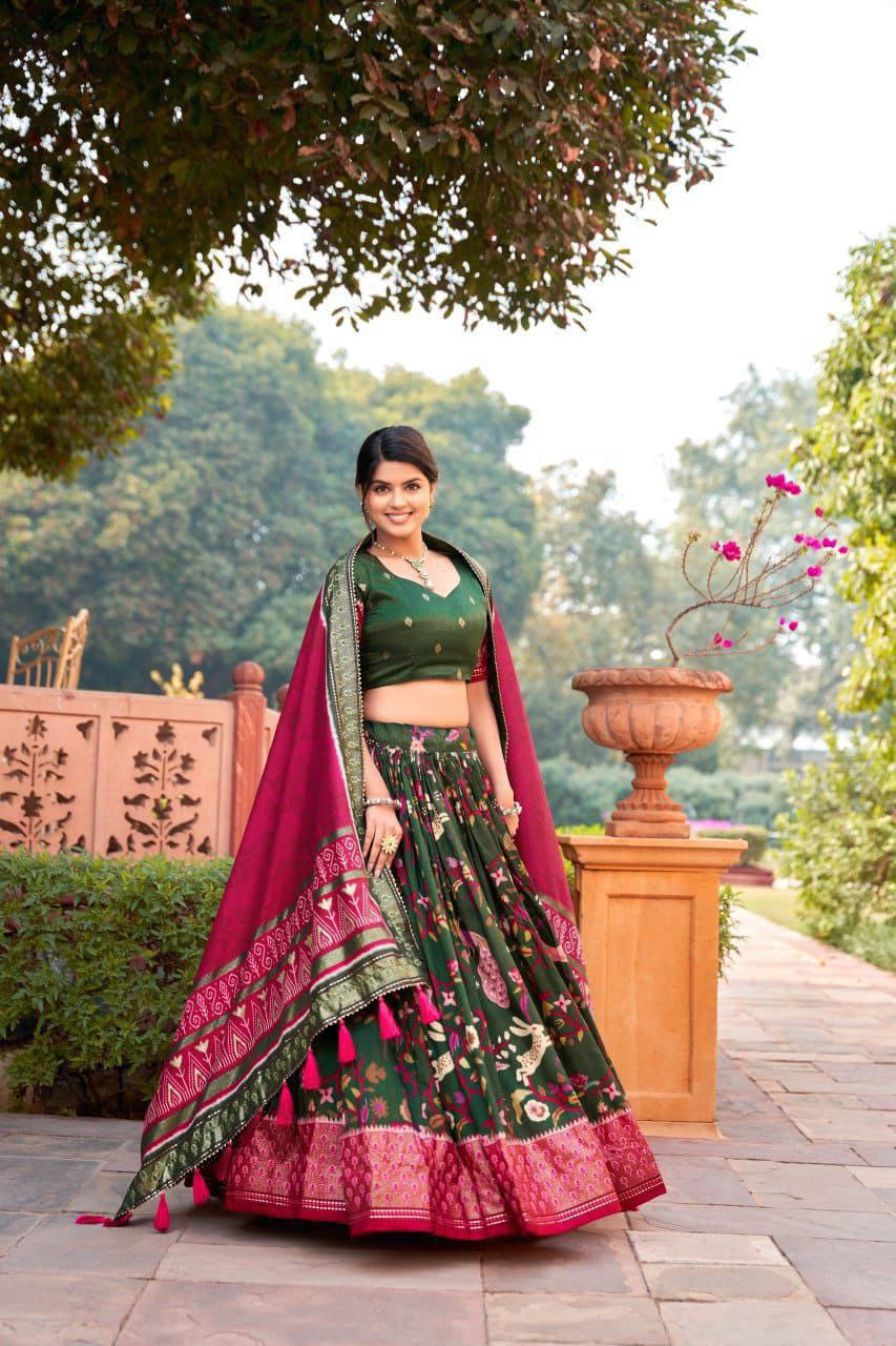 Meenakari with Foil Print work Dola silk Lehenga with Unstitched Blouse