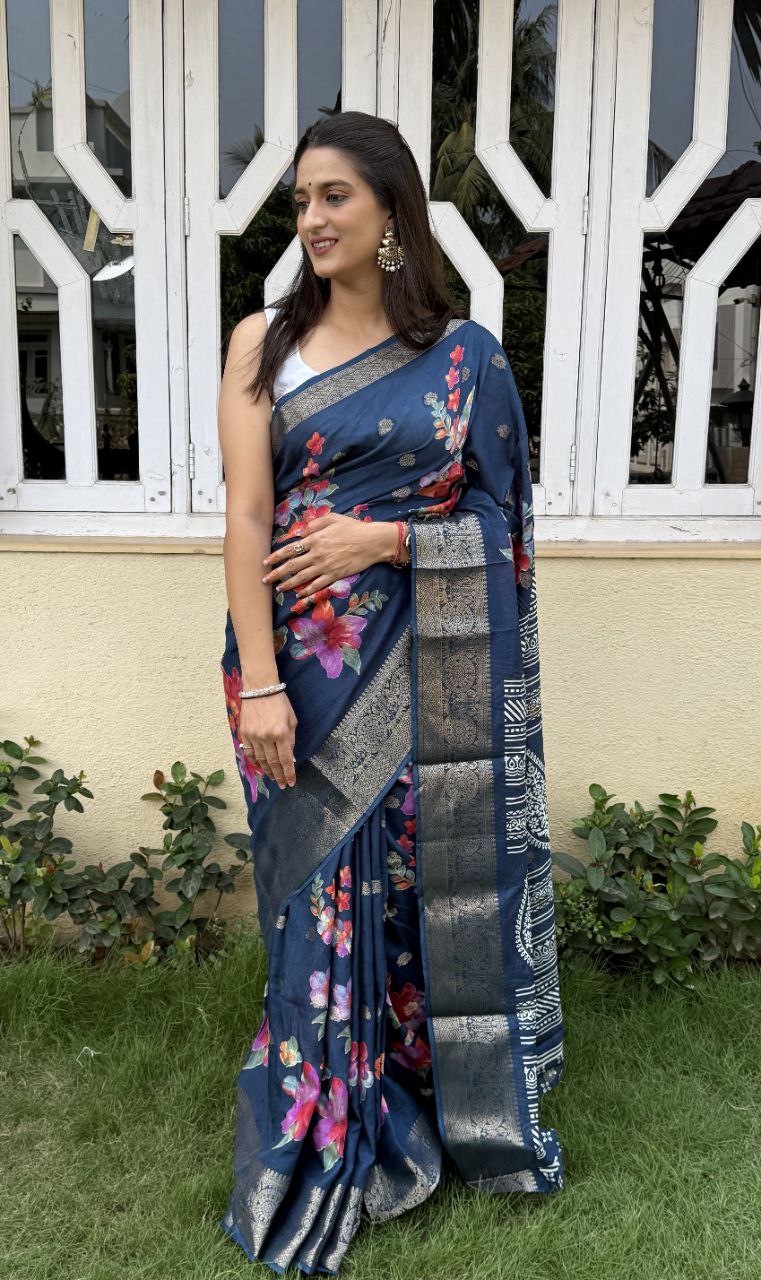 floral printed jacquard woven lace border dola silk saree