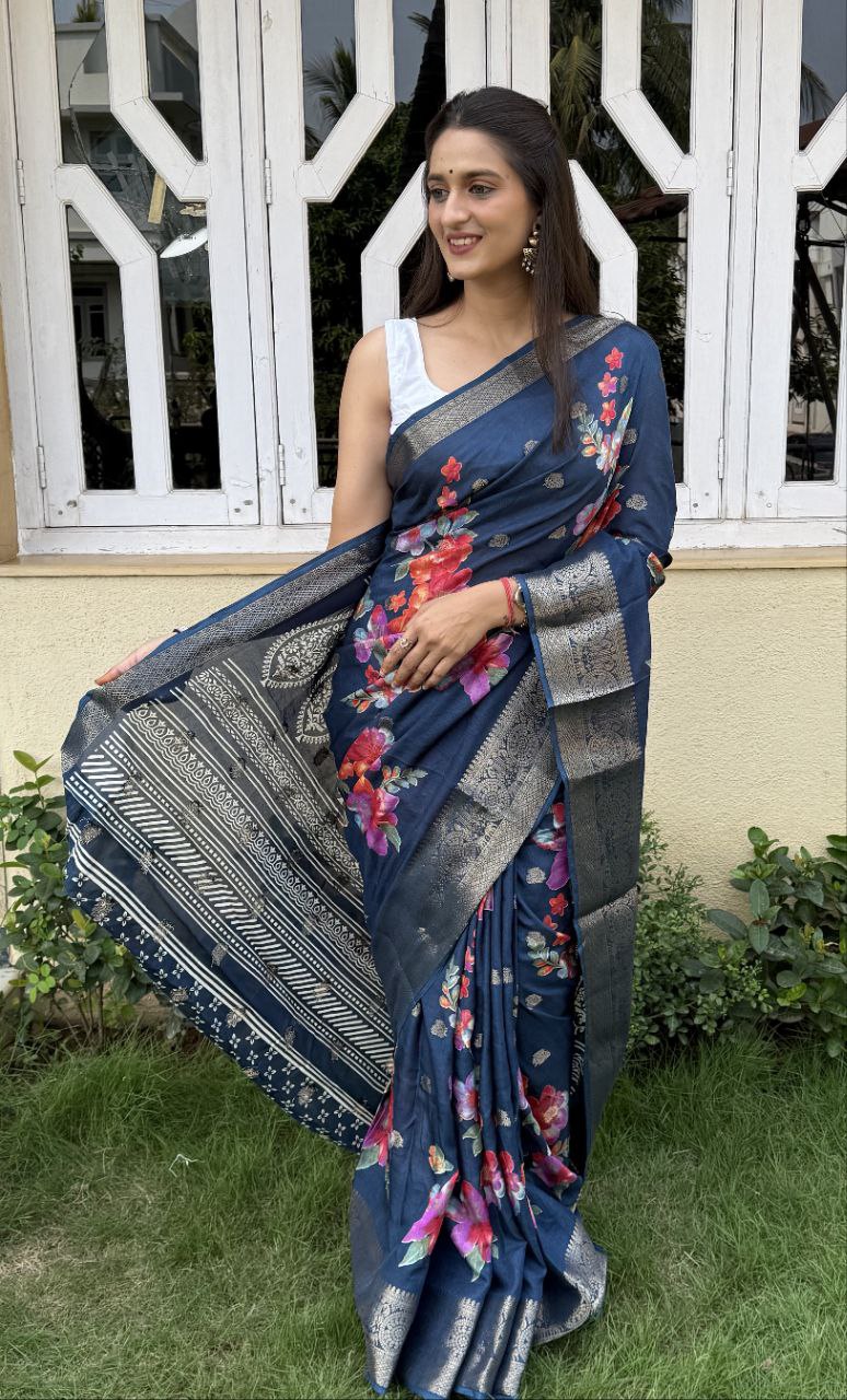 floral printed jacquard woven lace border dola silk saree