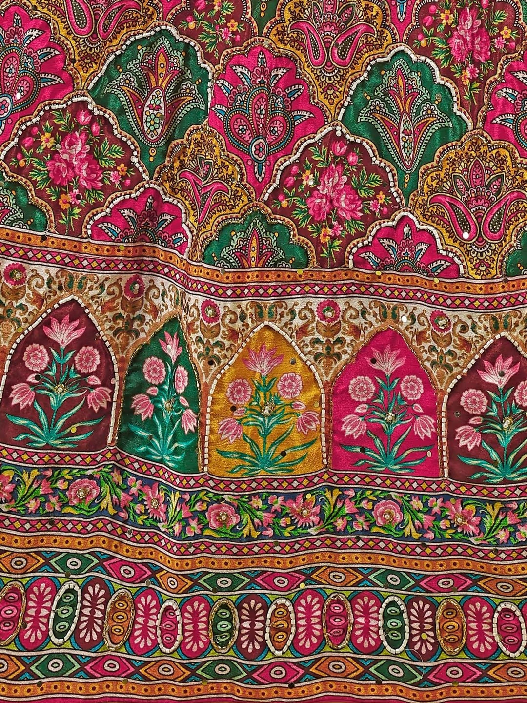 Pink & Green Ethnic Motifs Printed Semi-Stitched Lehenga & Unstitched Blouse With Dupatta