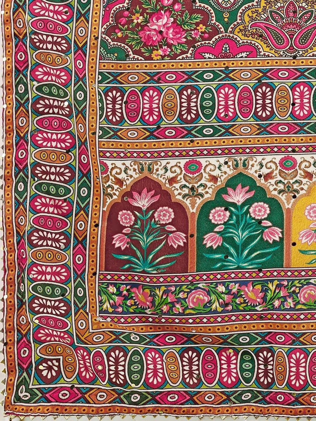 Pink & Green Ethnic Motifs Printed Semi-Stitched Lehenga & Unstitched Blouse With Dupatta