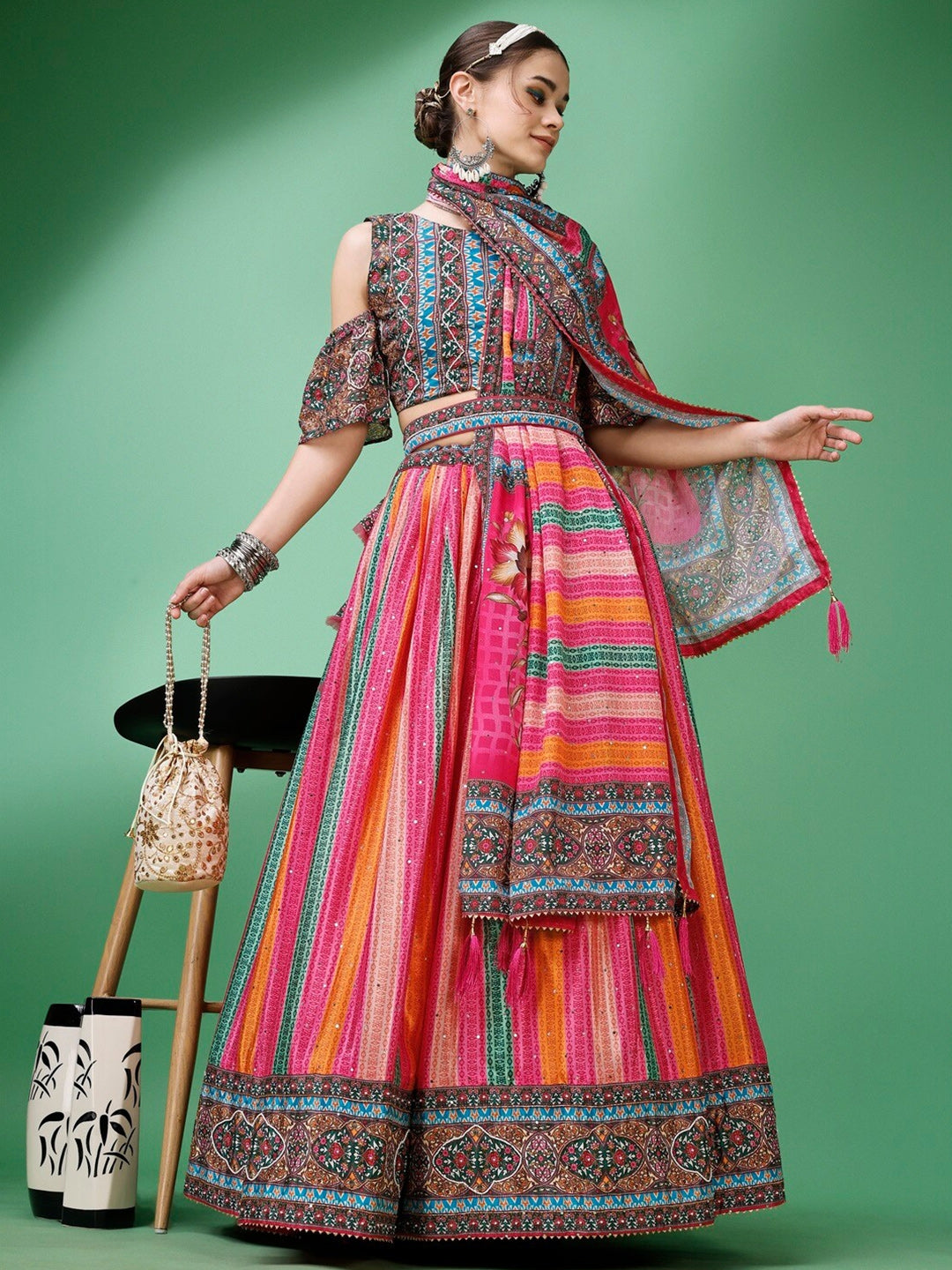 Rose Pink & Blue Stripe Printed Semi-Stitched Silk Lehenga & Unstitched Blouse With Dupatta