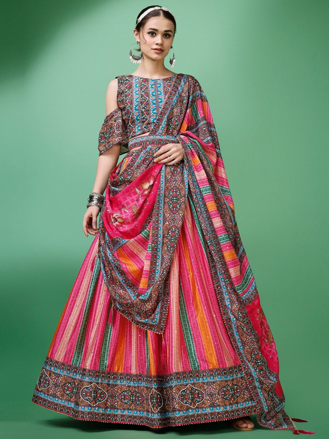 Rose Pink & Blue Stripe Printed Semi-Stitched Silk Lehenga & Unstitched Blouse With Dupatta