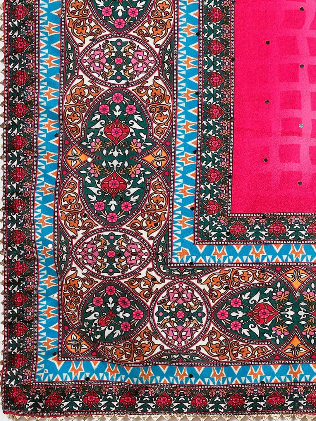 Rose Pink & Blue Stripe Printed Semi-Stitched Silk Lehenga & Unstitched Blouse With Dupatta