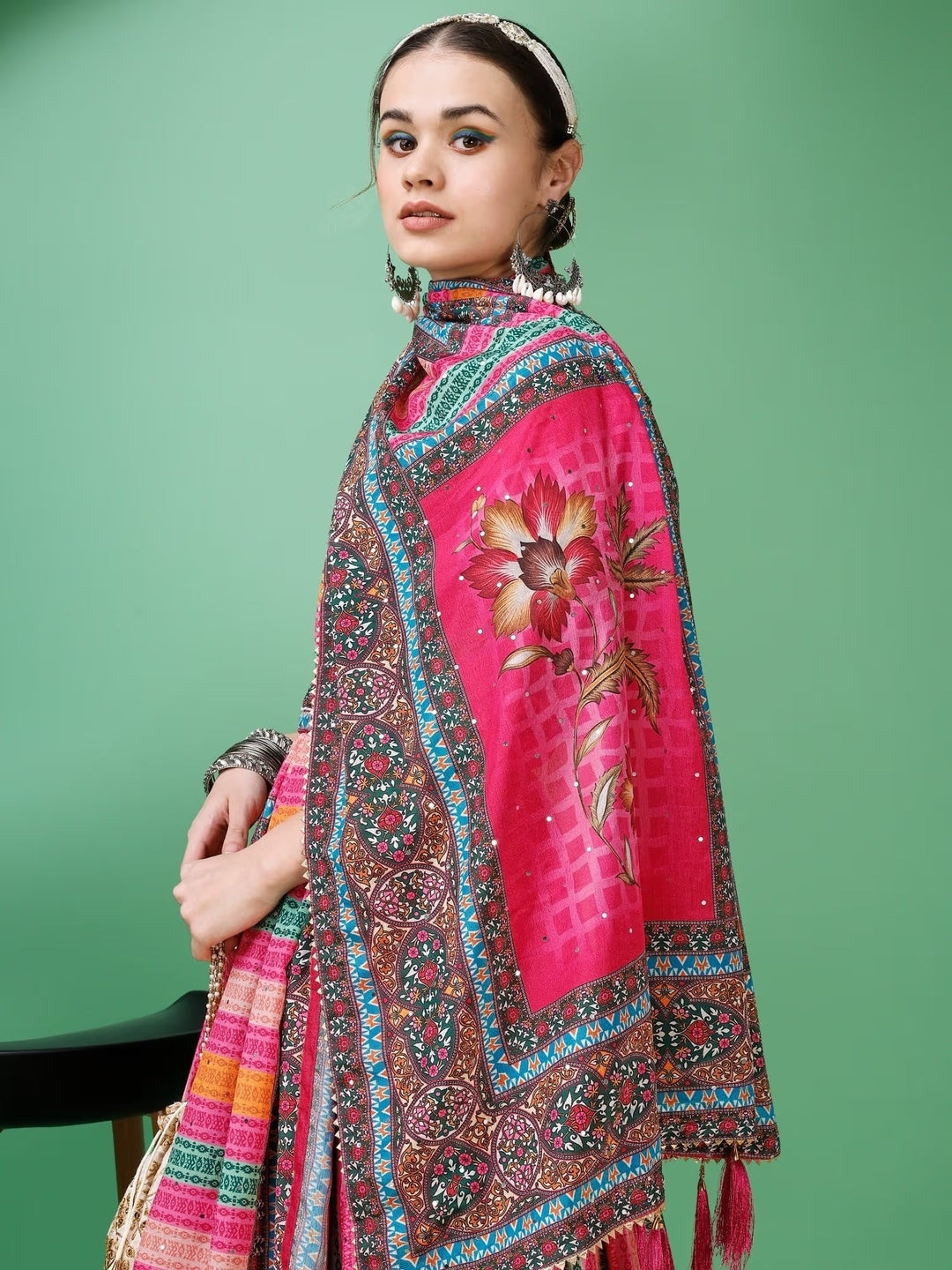 Rose Pink & Blue Stripe Printed Semi-Stitched Silk Lehenga & Unstitched Blouse With Dupatta