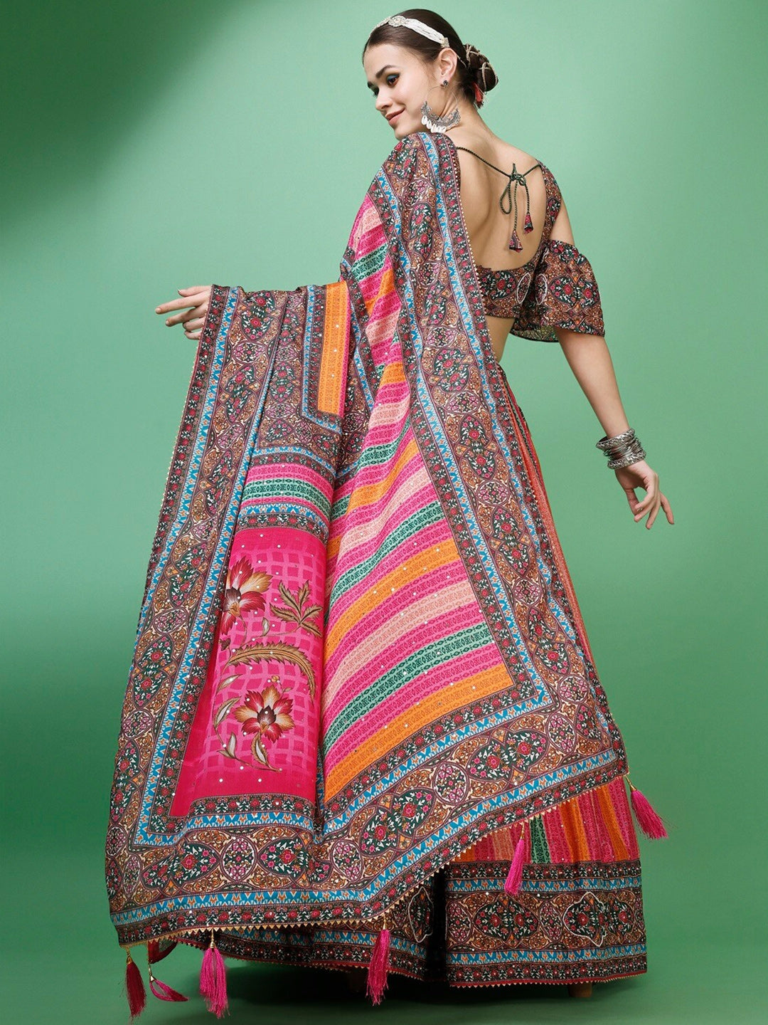 Rose Pink & Blue Stripe Printed Semi-Stitched Silk Lehenga & Unstitched Blouse With Dupatta