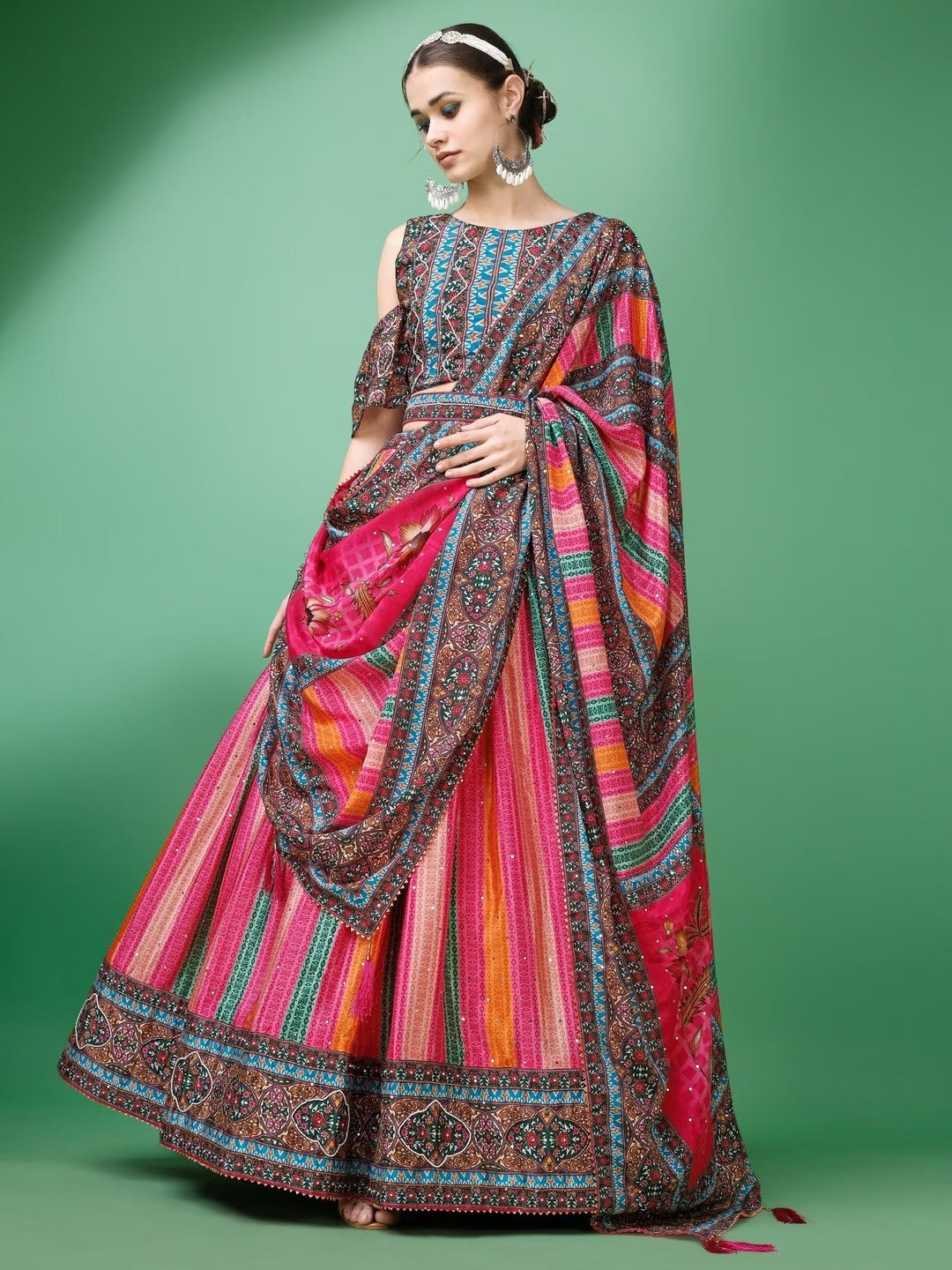 Rose Pink & Blue Stripe Printed Semi-Stitched Silk Lehenga & Unstitched Blouse With Dupatta