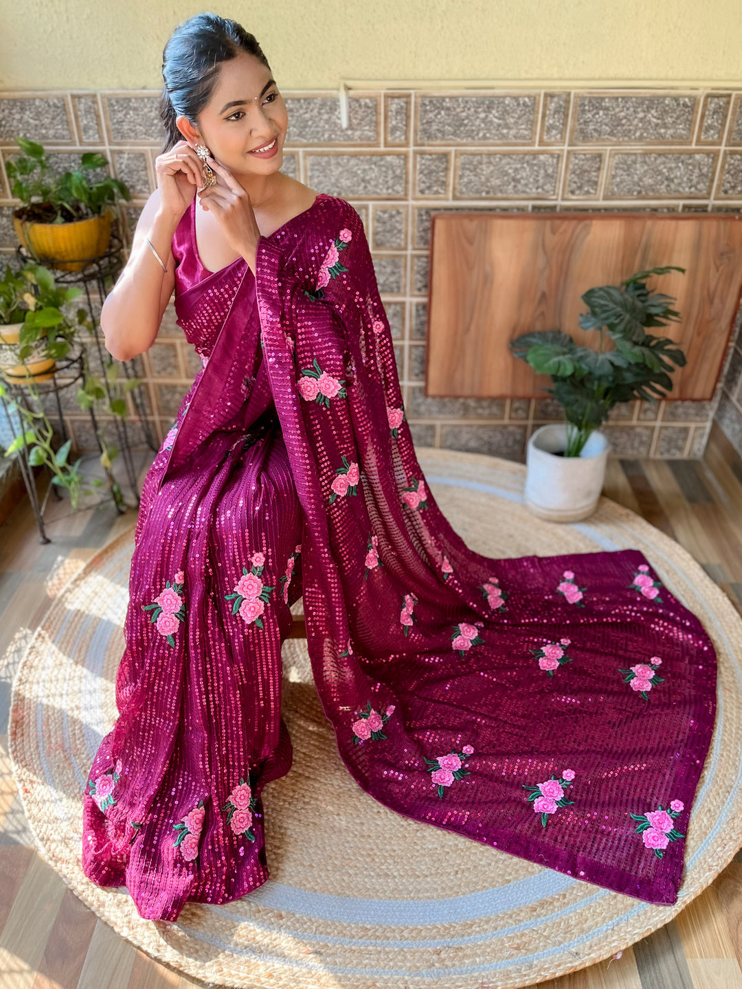 Floral Embroidered Sequence Work Pure Georgette Saree