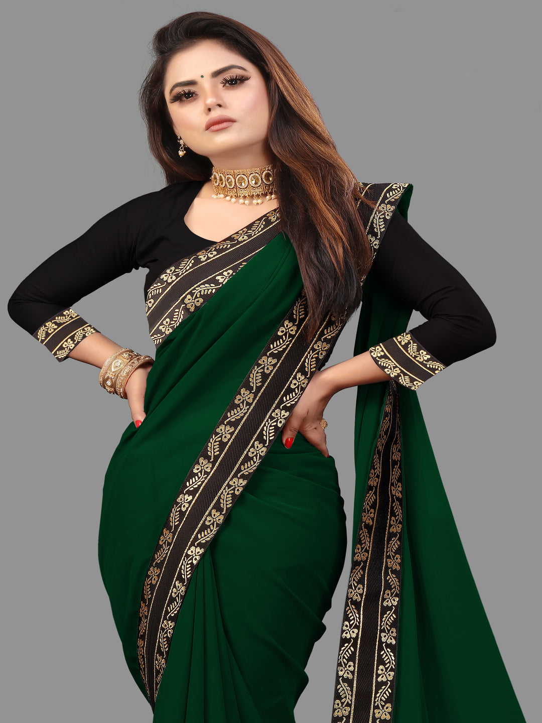 Bottle Green Solid Plain Daily Wear Georgette Saree With Blouse