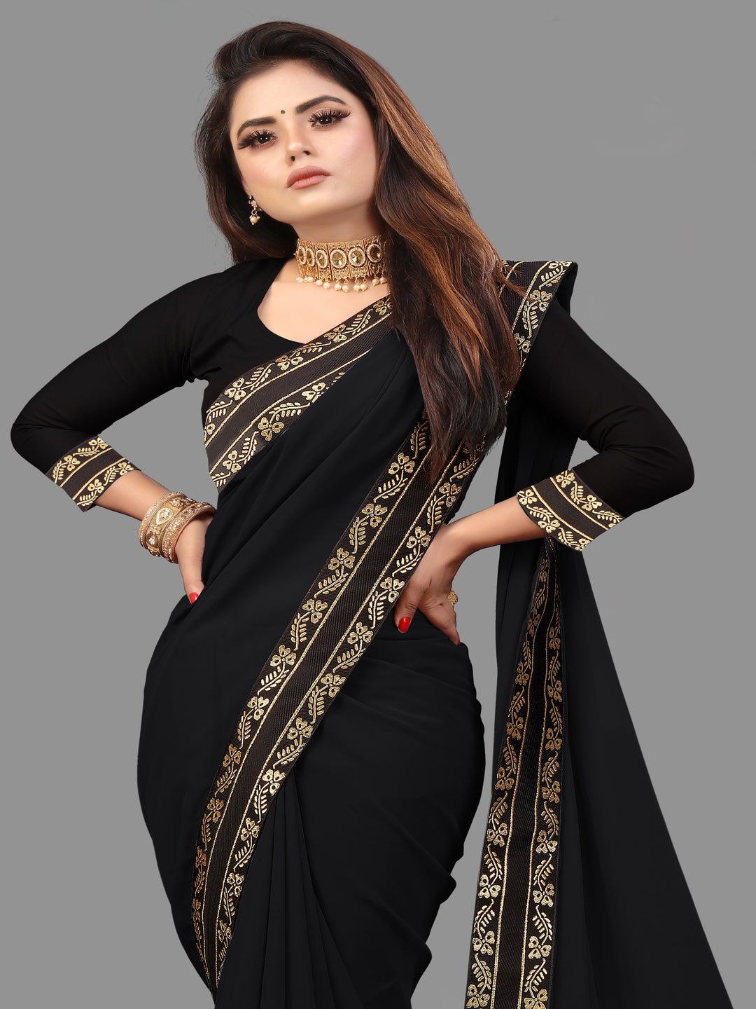 Black Solid Plain Daily Wear Georgette Saree With Blouse