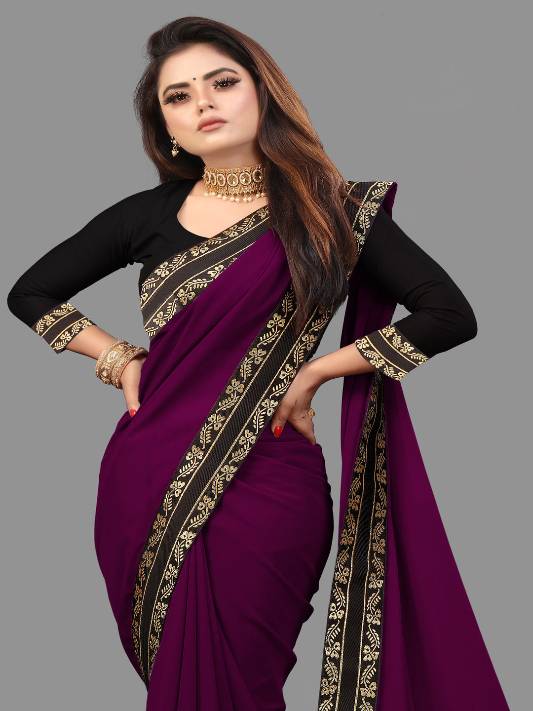 Purple Solid Plain Daily Wear Georgette Saree With Blouse