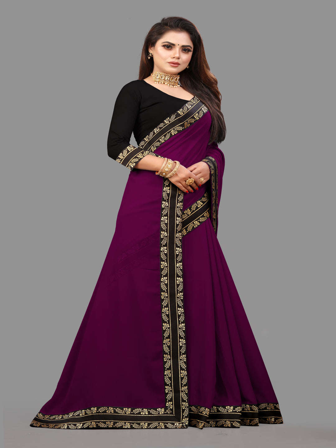 Purple Solid Plain Daily Wear Georgette Saree With Blouse