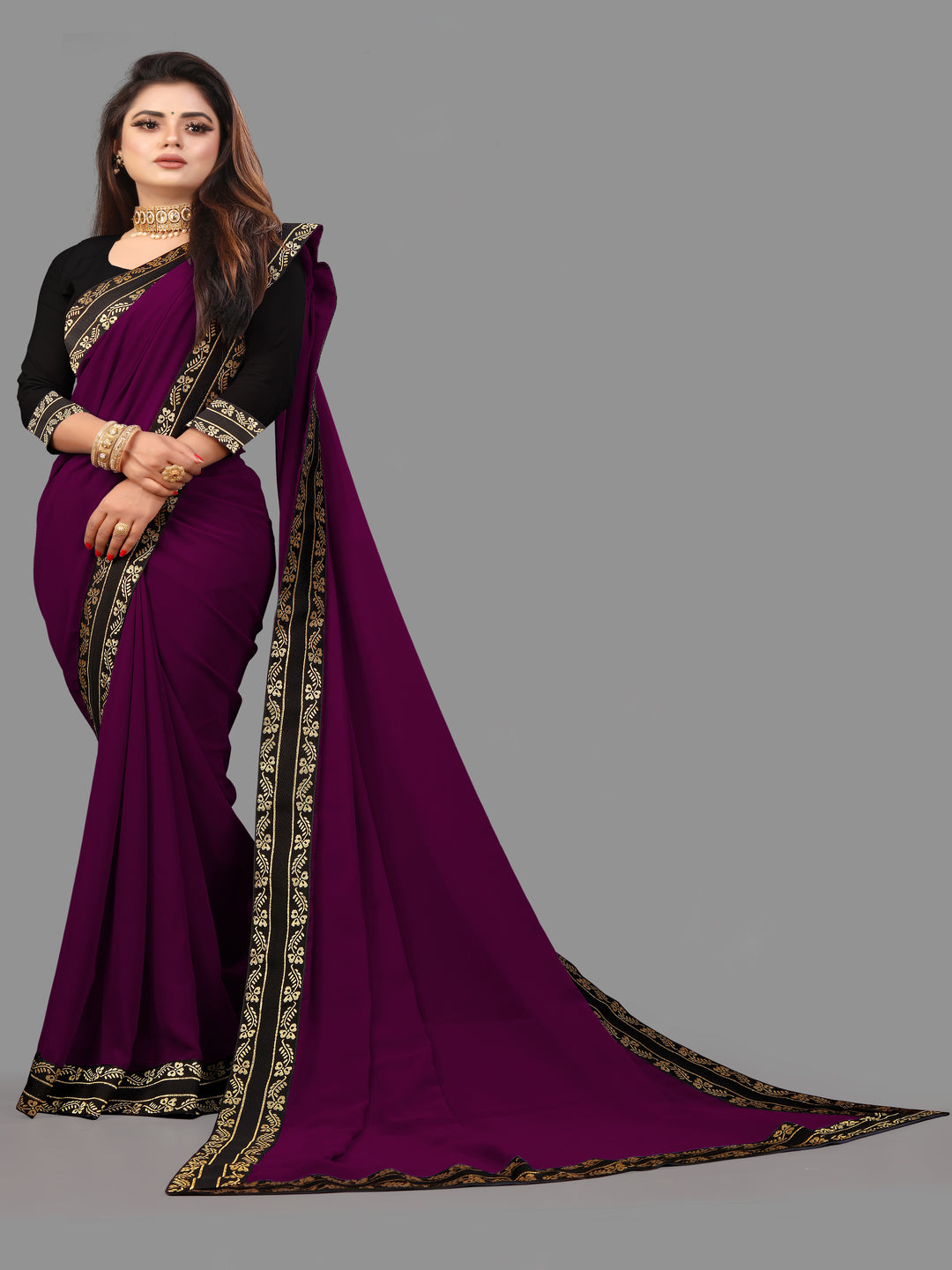 Purple Solid Plain Daily Wear Georgette Saree With Blouse