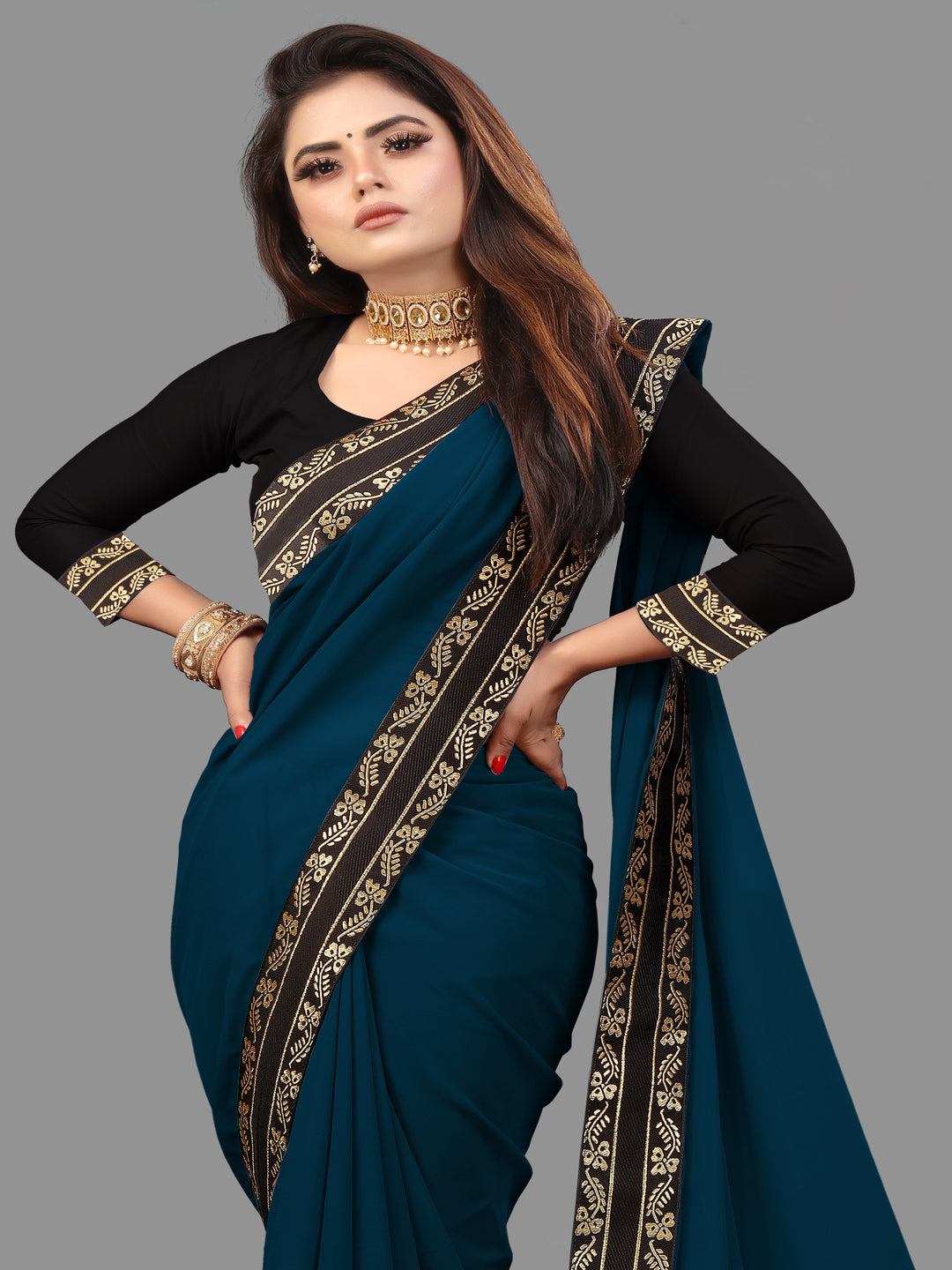 Teal Blue Solid Plain Daily Wear Georgette Saree With Blouse