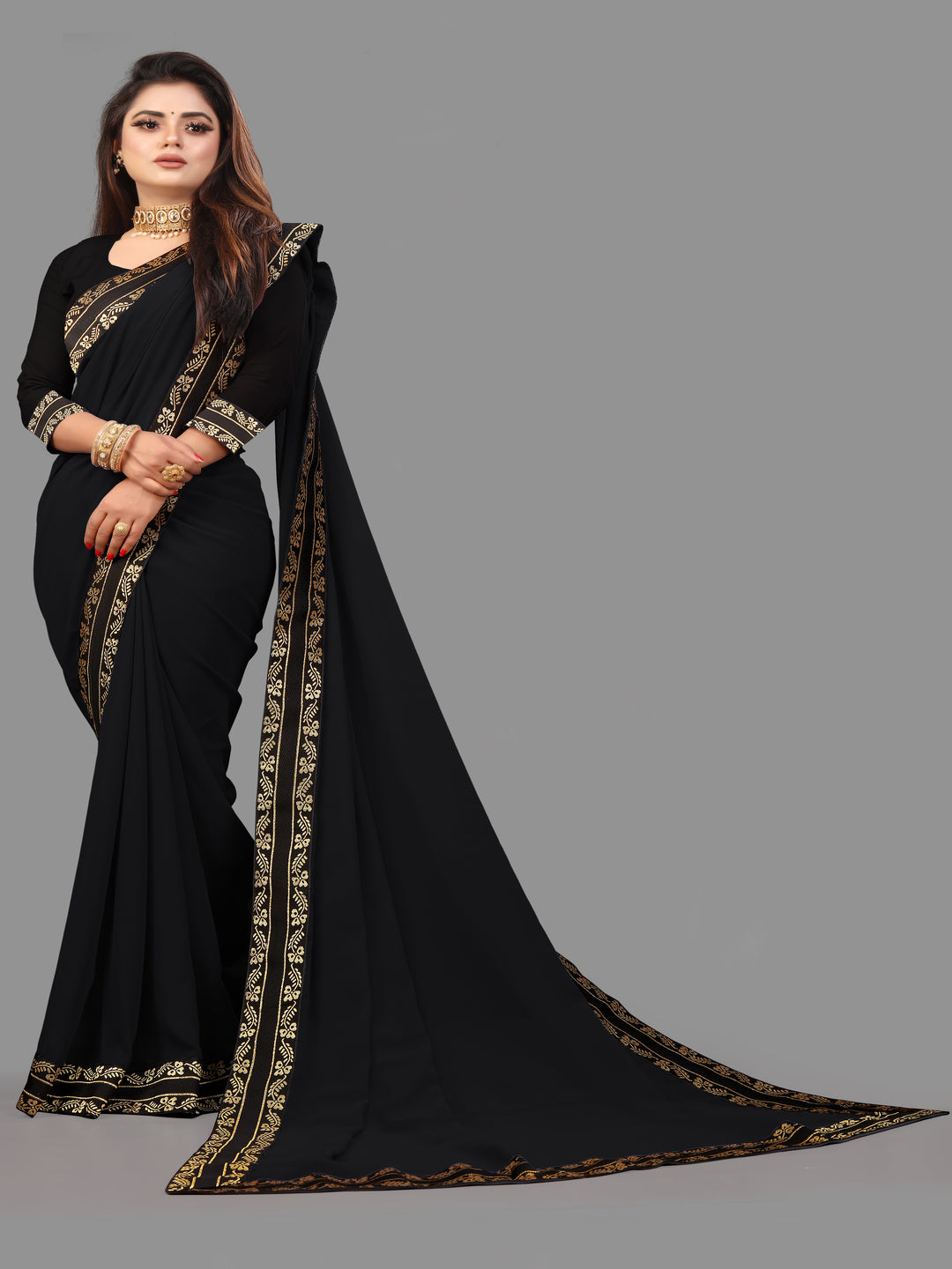 Black Solid Plain Daily Wear Georgette Saree With Blouse