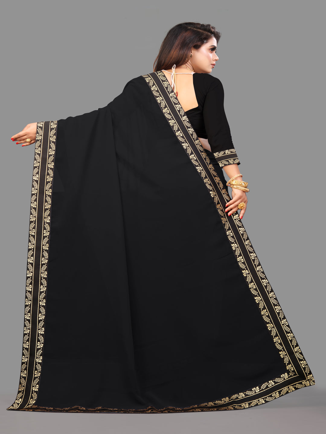 Black Solid Plain Daily Wear Georgette Saree With Blouse