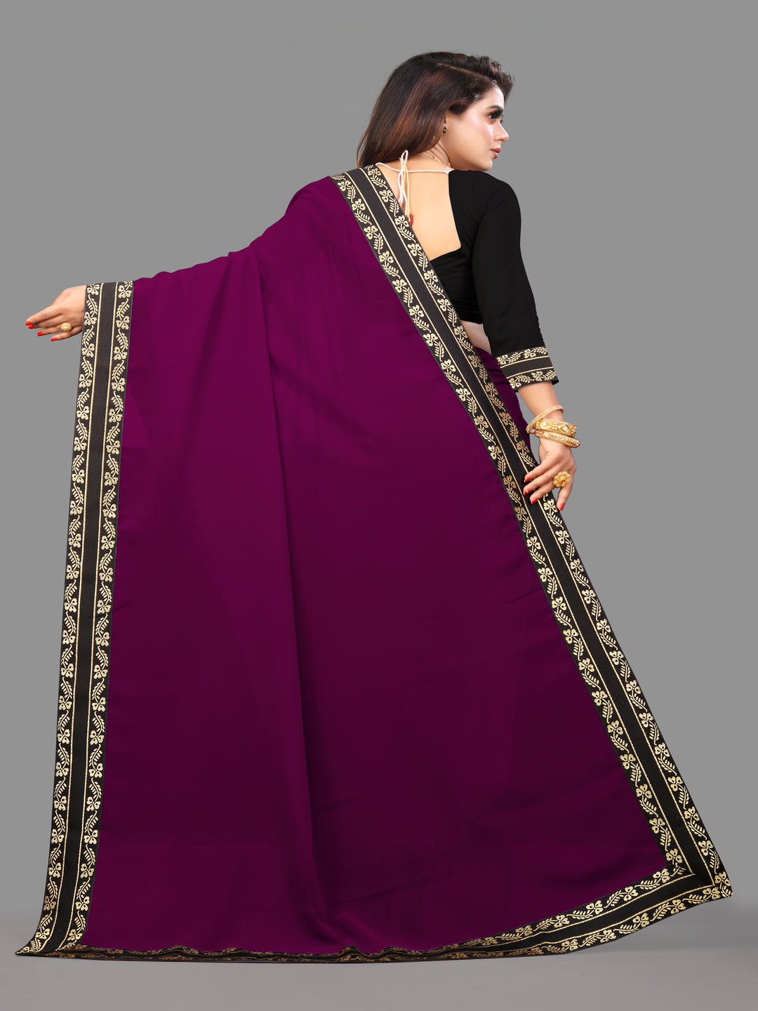 Purple Solid Plain Daily Wear Georgette Saree With Blouse