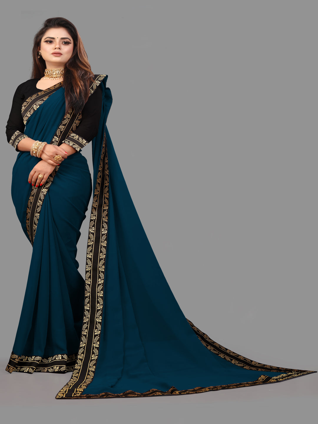 Teal Blue Solid Plain Daily Wear Georgette Saree With Blouse