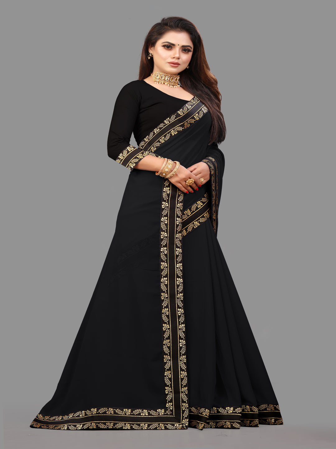 Black Solid Plain Daily Wear Georgette Saree With Blouse