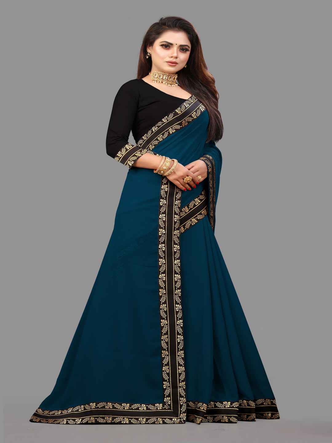 Teal Blue Solid Plain Daily Wear Georgette Saree With Blouse