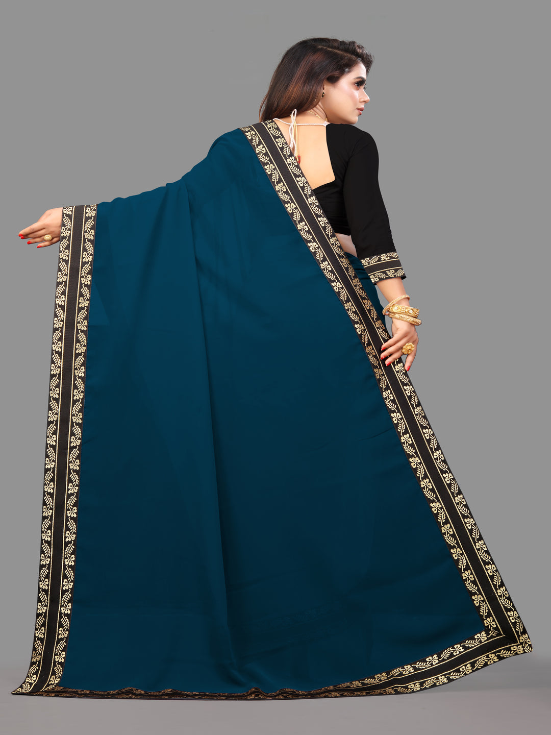 Teal Blue Solid Plain Daily Wear Georgette Saree With Blouse