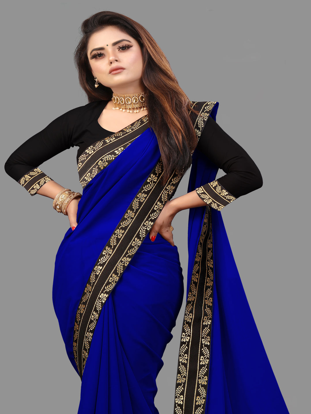 Royal Blue Solid Plain Daily Wear Georgette Saree With Blouse