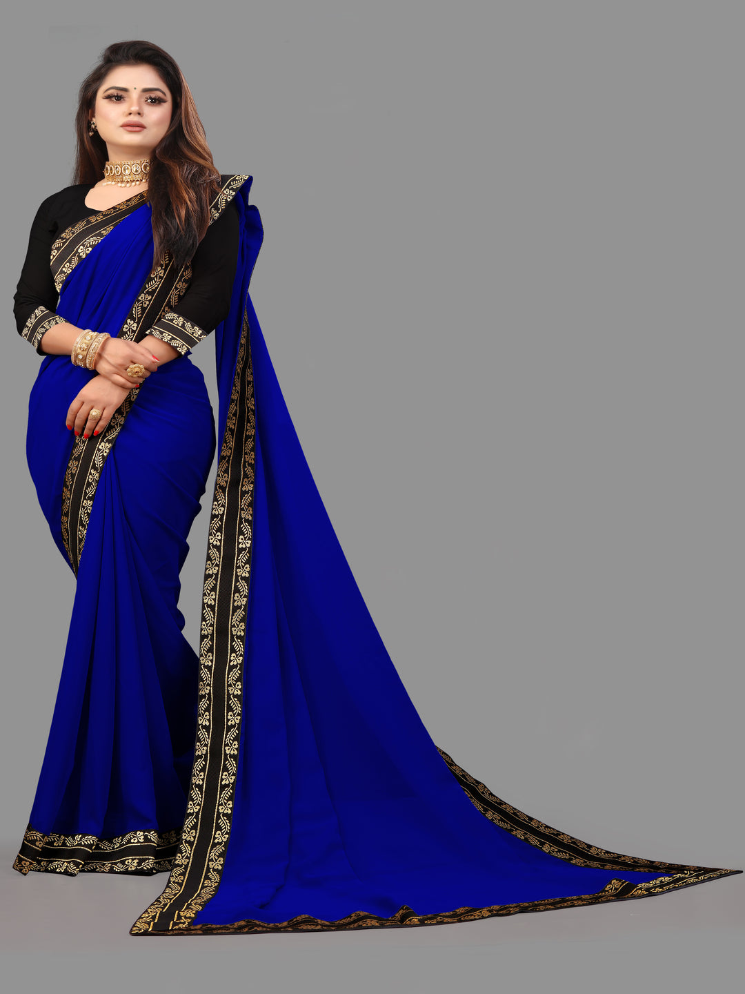Royal Blue Solid Plain Daily Wear Georgette Saree With Blouse