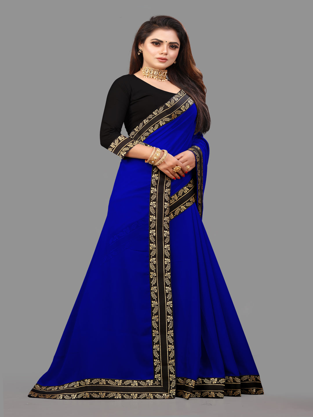 Royal Blue Solid Plain Daily Wear Georgette Saree With Blouse