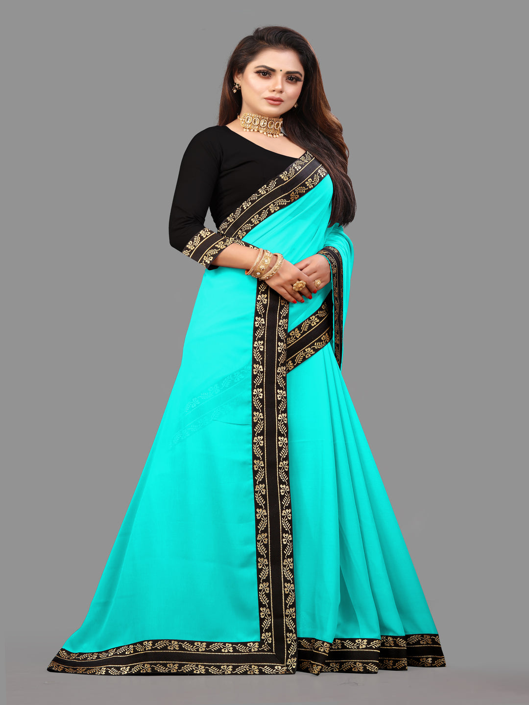 Light Blue Solid Plain Daily Wear Georgette Saree With Blouse