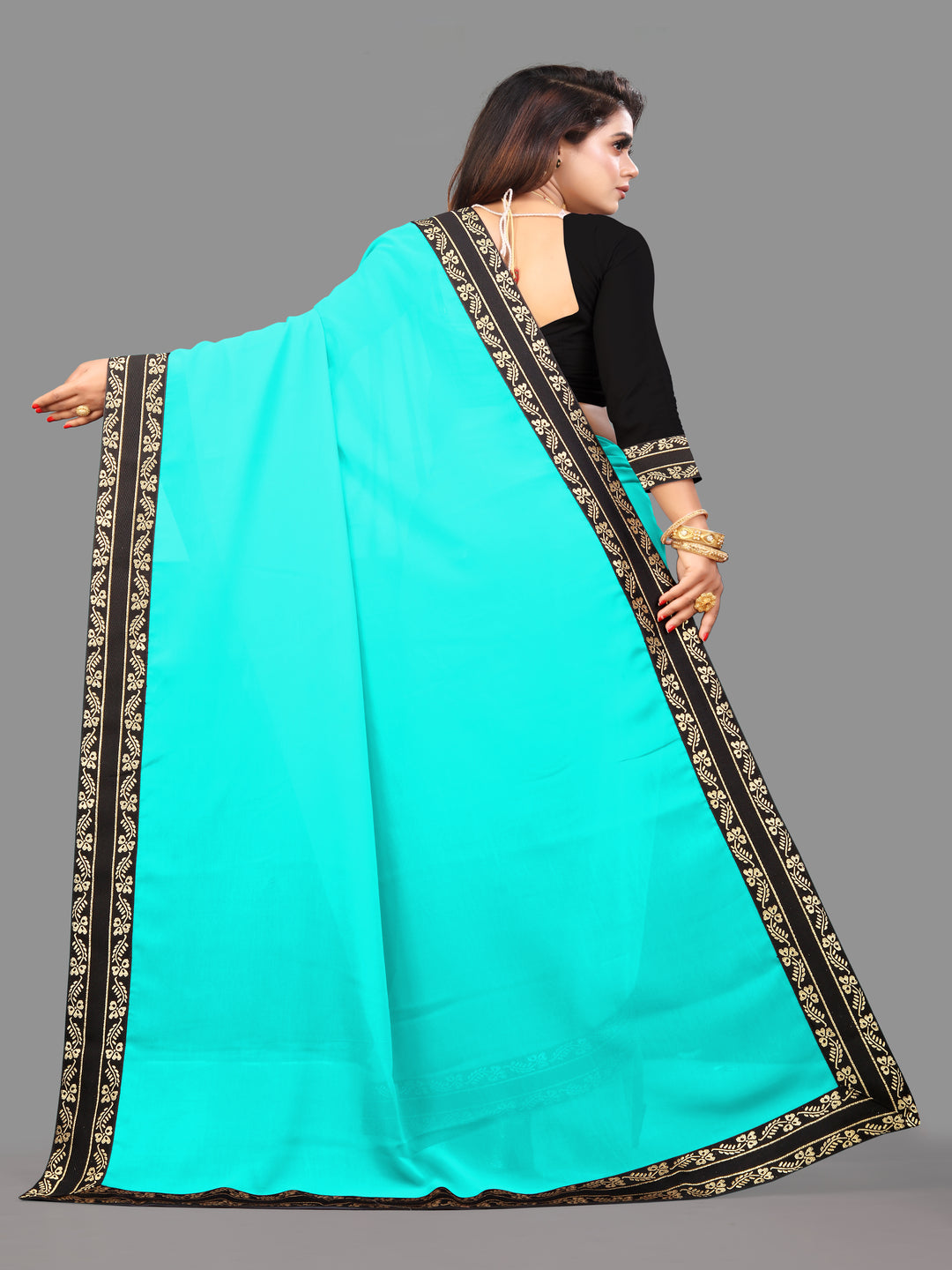 Light Blue Solid Plain Daily Wear Georgette Saree With Blouse