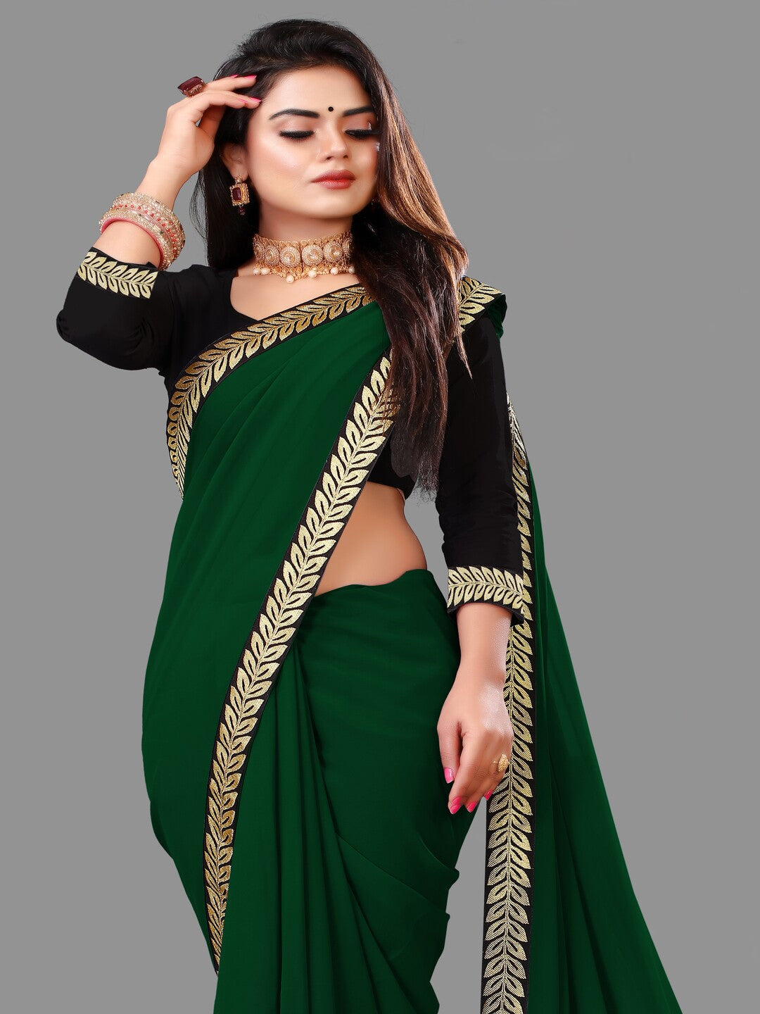 Plain Dyed Daily Wear Georgette Lace Saree