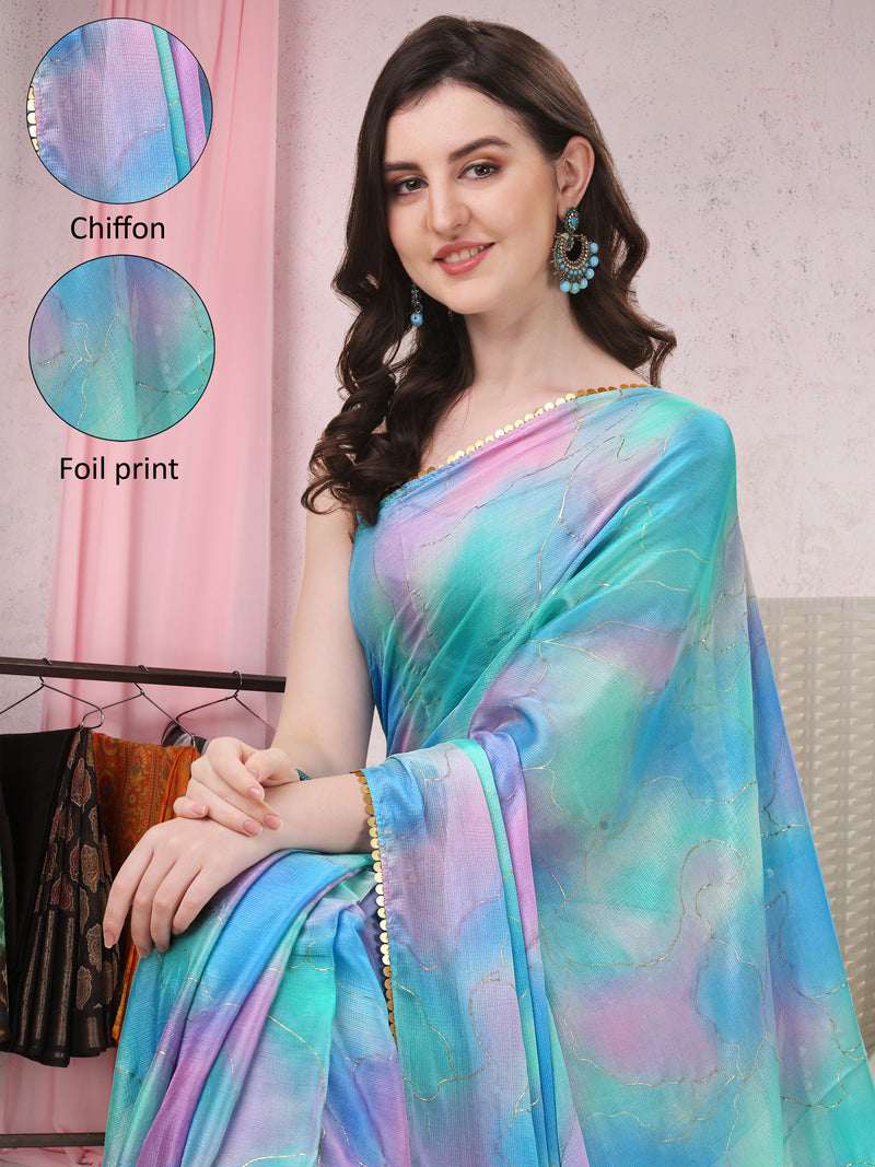 Multi Color Block Foil Printed Sequence Chiffon Saree | Sadika
