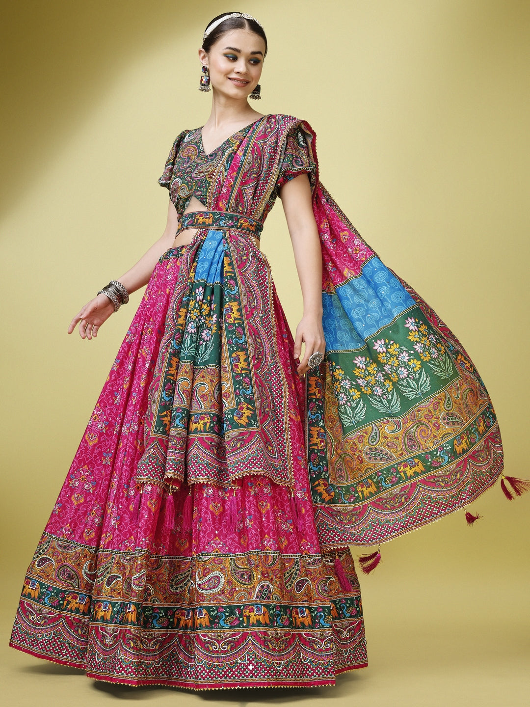 Multicolor Paisley Printed Sequined Semi-Stitched Silk Lehenga & Unstitched Blouse With Dupatta