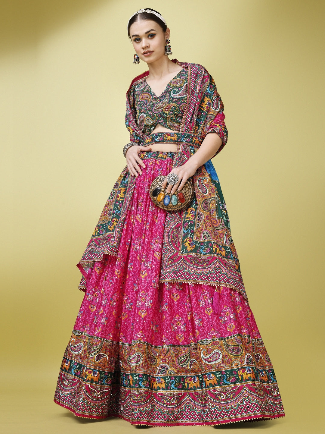 Multicolor Paisley Printed Sequined Semi-Stitched Silk Lehenga & Unstitched Blouse With Dupatta