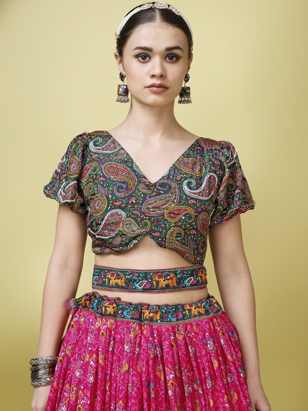 Multicolor Paisley Printed Sequined Semi-Stitched Silk Lehenga & Unstitched Blouse With Dupatta