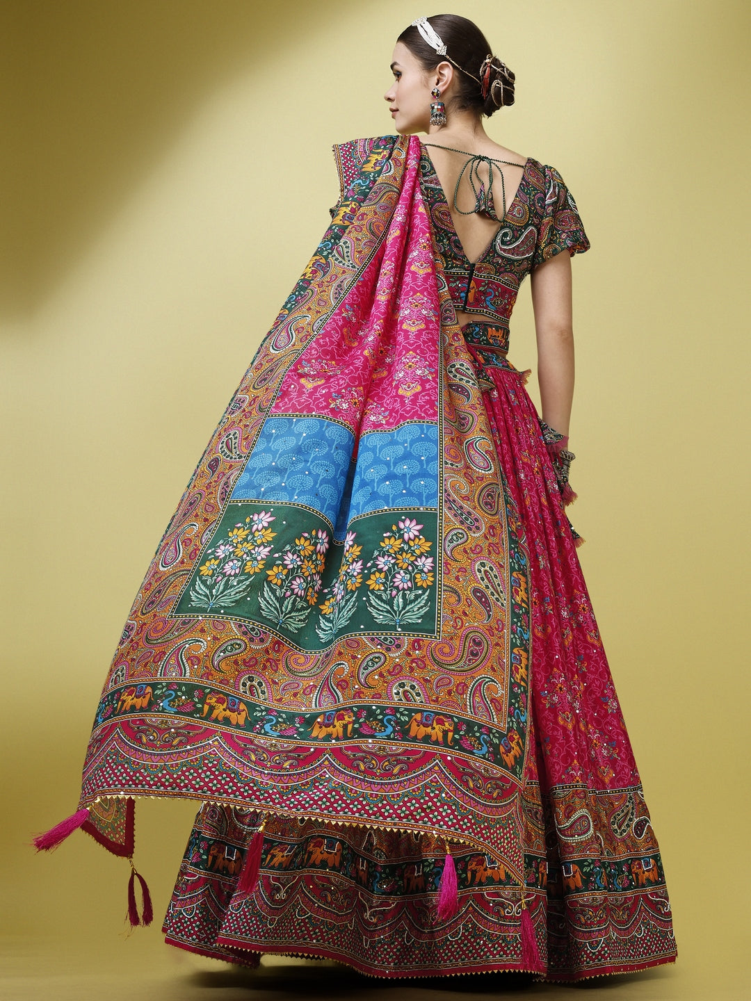 Multicolor Paisley Printed Sequined Semi-Stitched Silk Lehenga & Unstitched Blouse With Dupatta