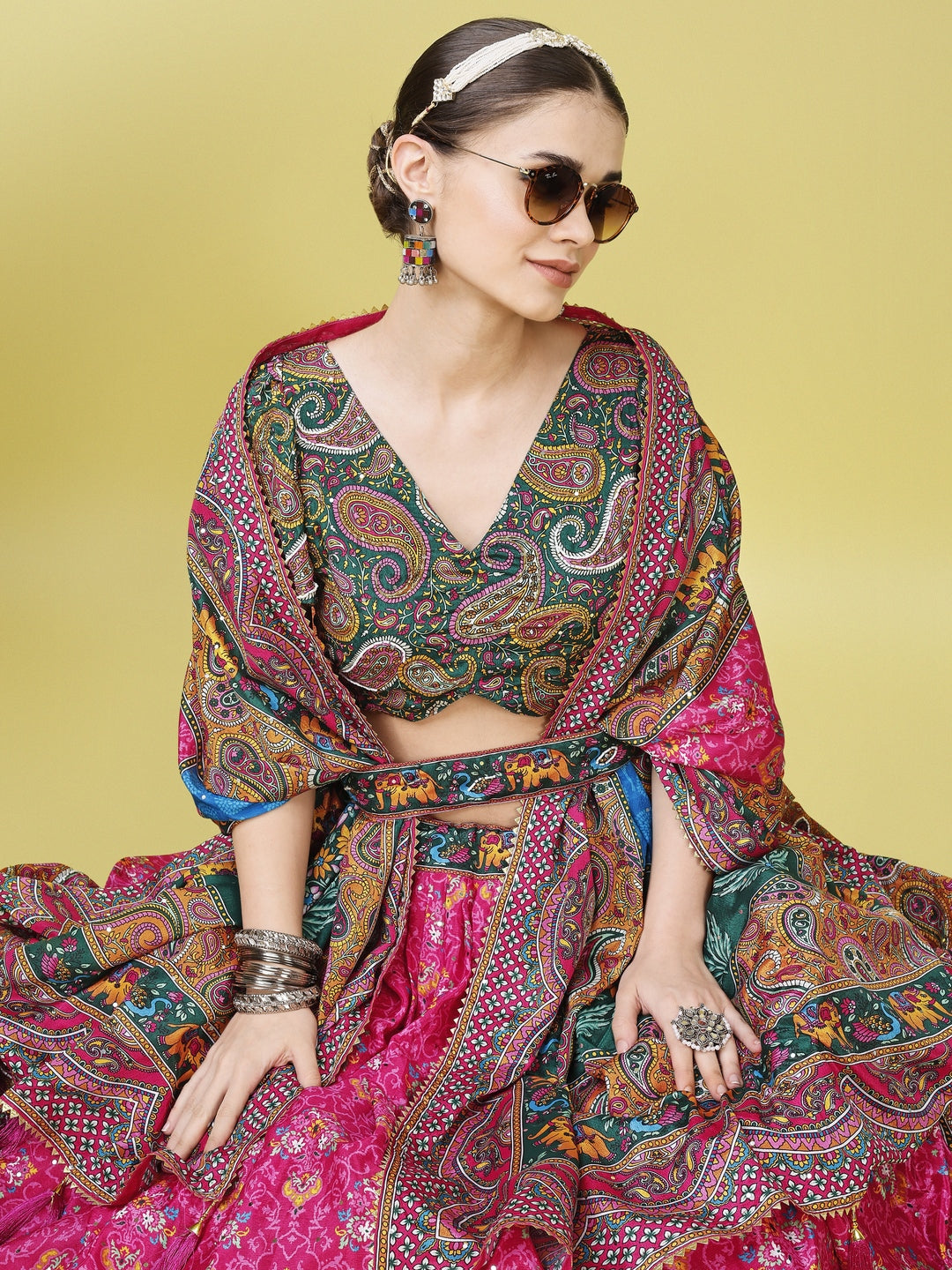 Multicolor Paisley Printed Sequined Semi-Stitched Silk Lehenga & Unstitched Blouse With Dupatta