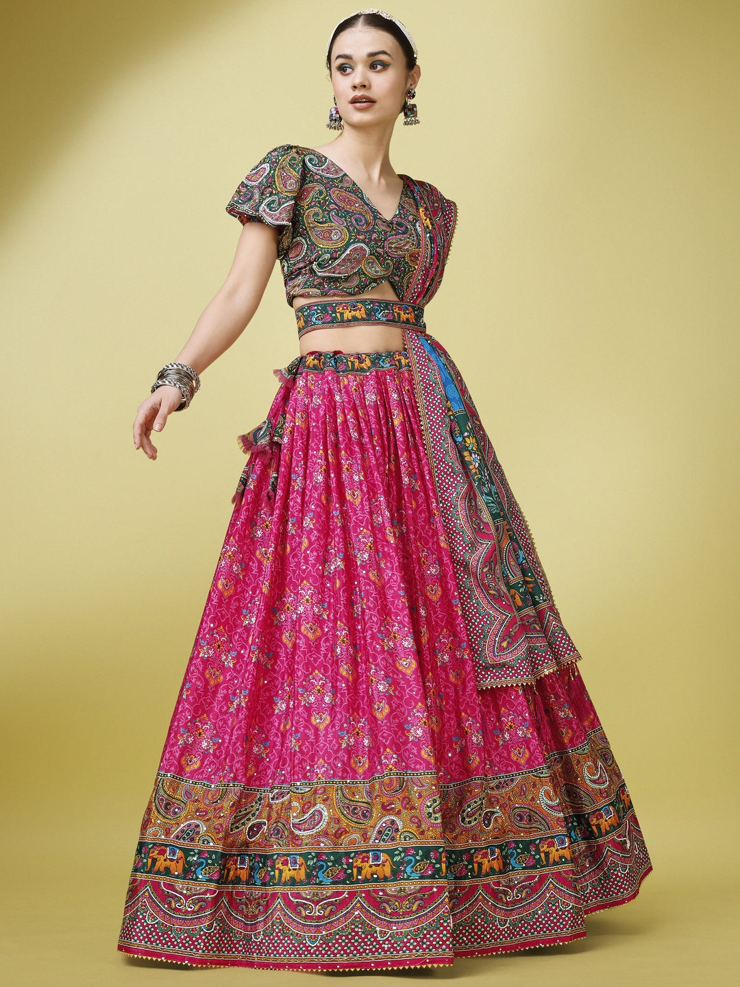 Multicolor Paisley Printed Sequined Semi-Stitched Silk Lehenga & Unstitched Blouse With Dupatta