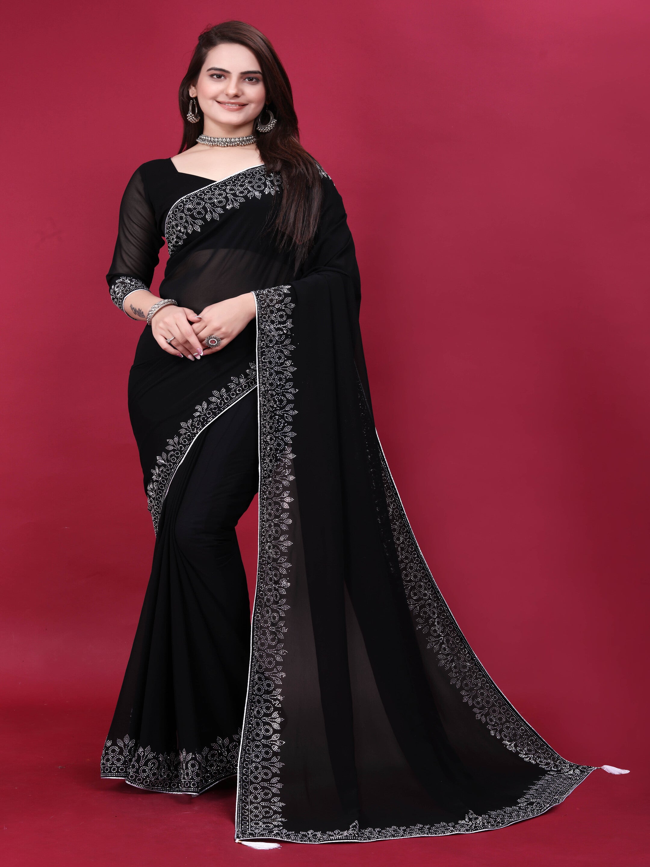 Black Floral Embellished Swarovski Georgette Saree With Blouse