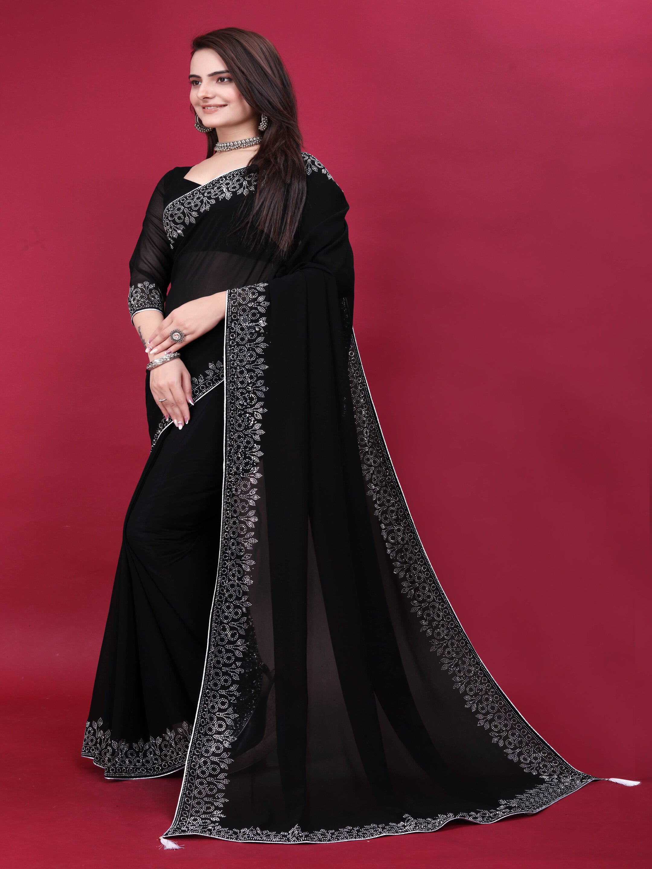 Black Floral Embellished Swarovski Georgette Saree With Blouse