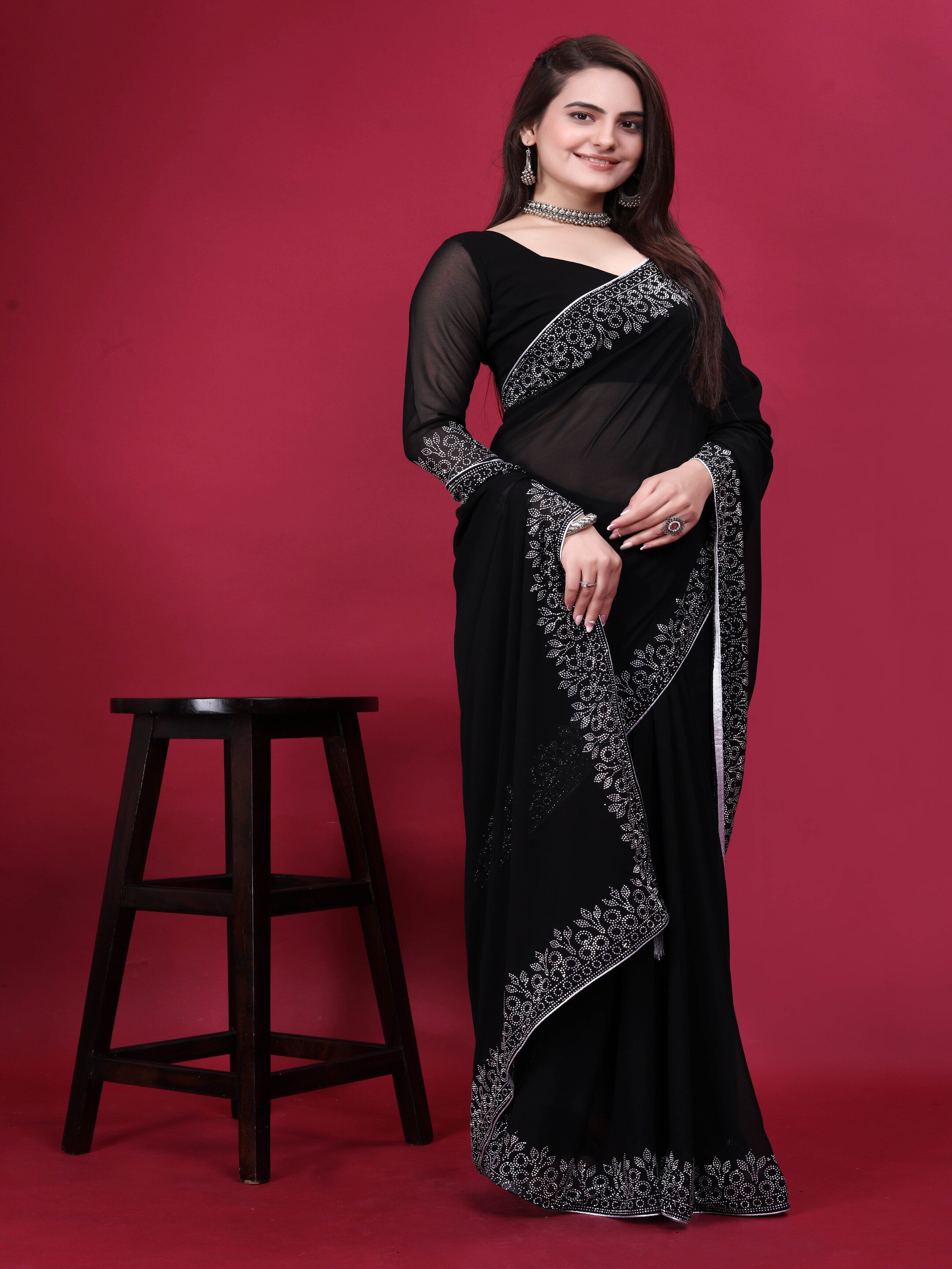 Black Floral Embellished Swarovski Georgette Saree With Blouse