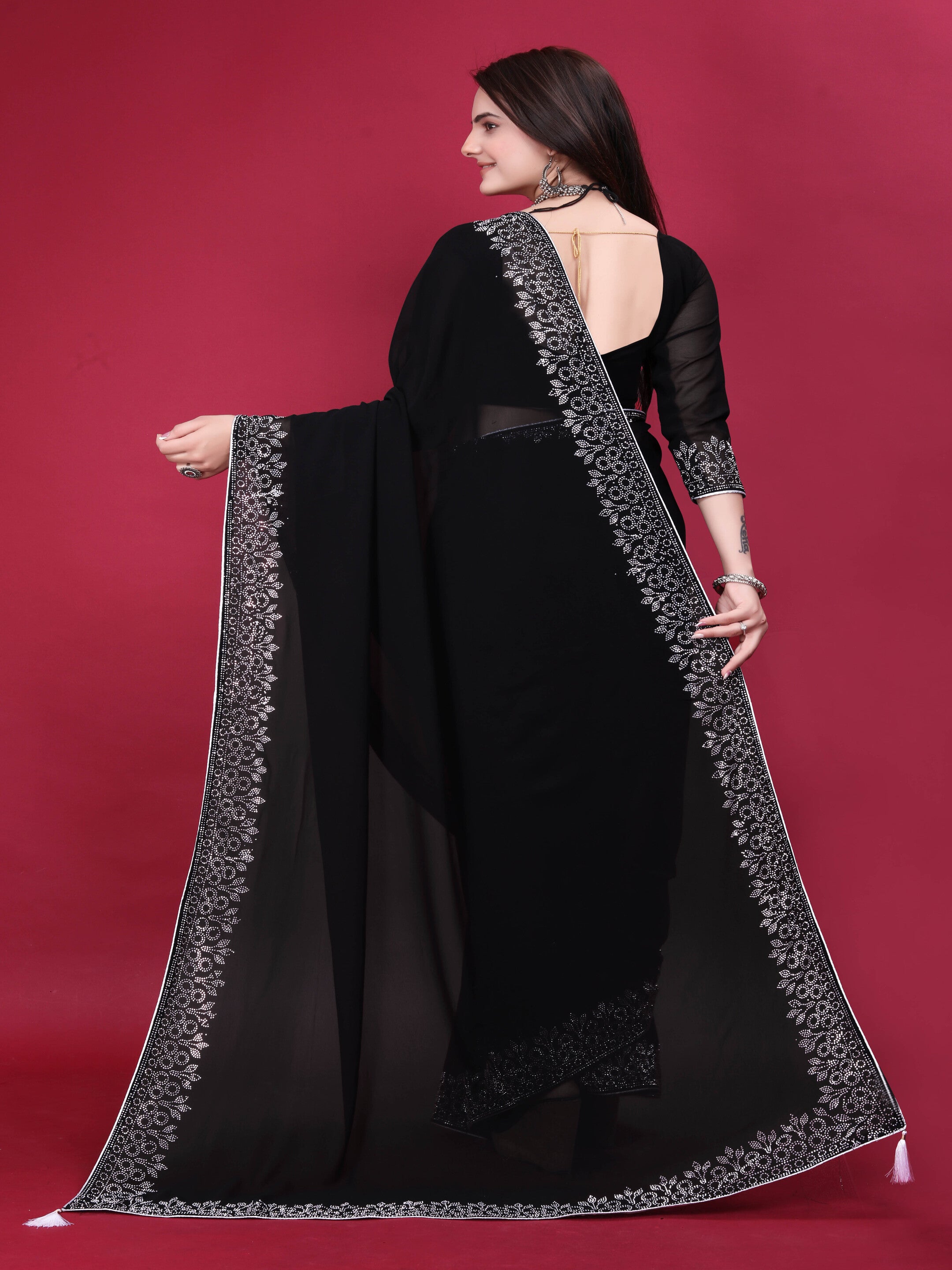 Black Floral Embellished Swarovski Georgette Saree With Blouse