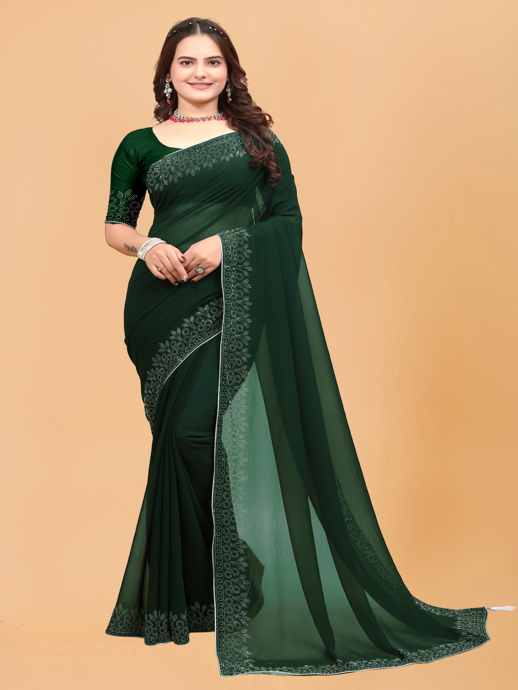 Bottle Green Floral Embellished Swarovski Georgette Saree