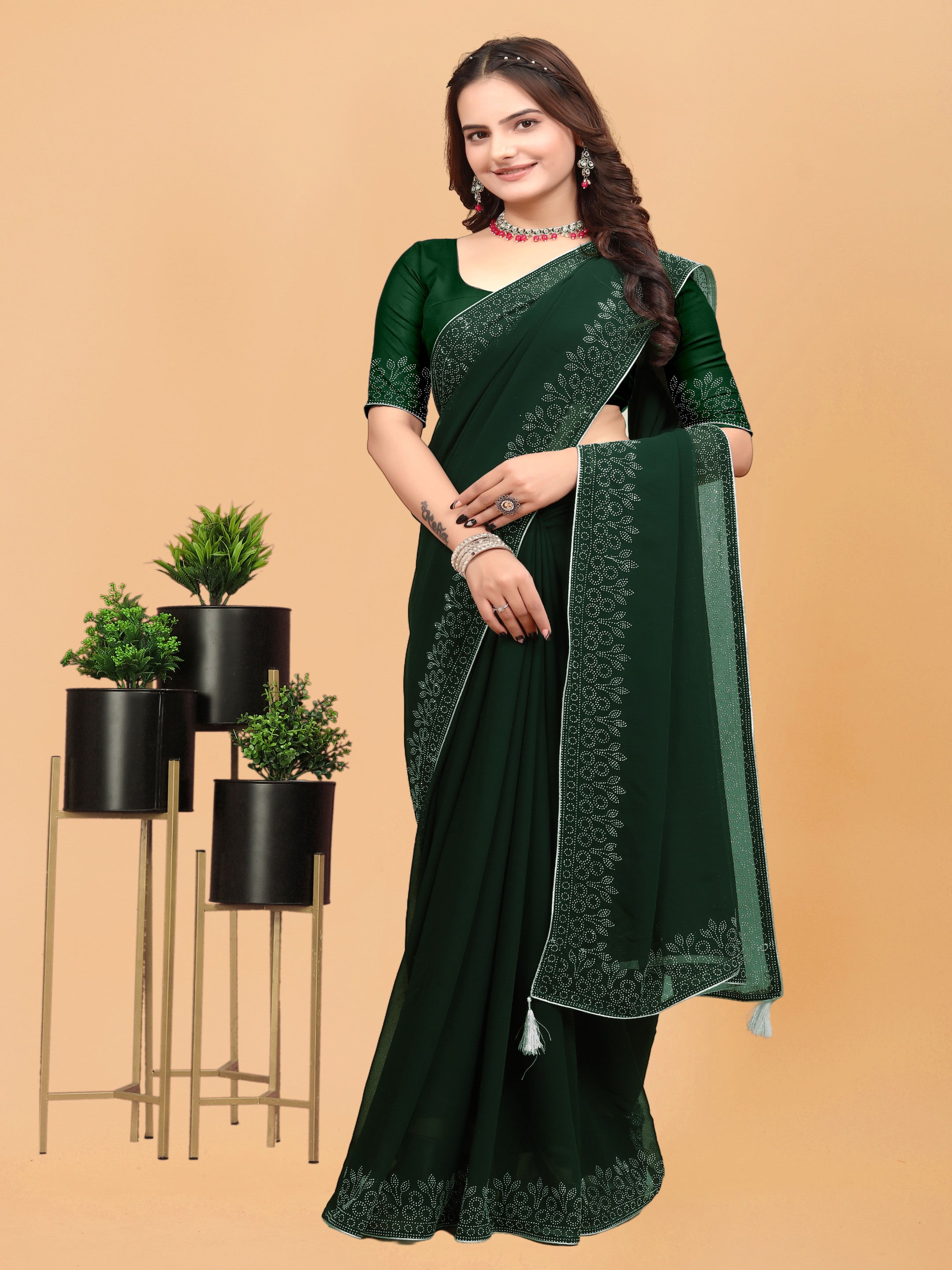 Bottle Green Floral Embellished Swarovski Georgette Saree