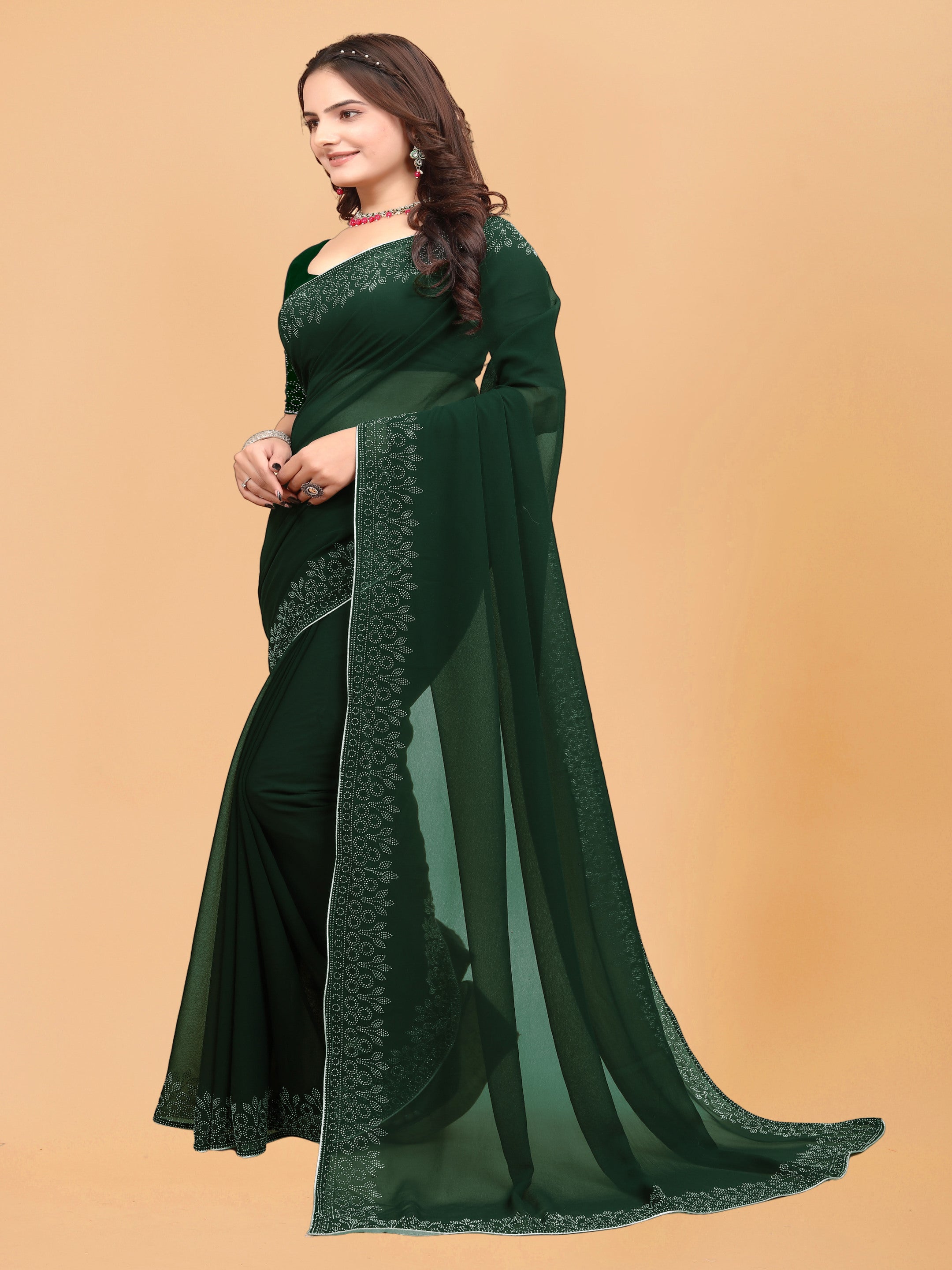 Bottle Green Floral Embellished Swarovski Georgette Saree